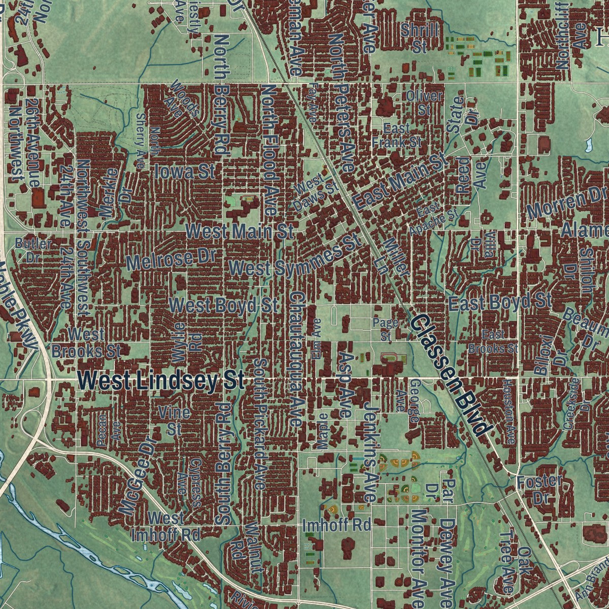 Close-up of the map of Norman, Oklahoma print showing street and building detail