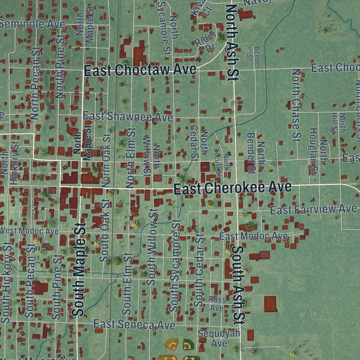Close-up of the map of Nowata, Oklahoma print showing street and building detail