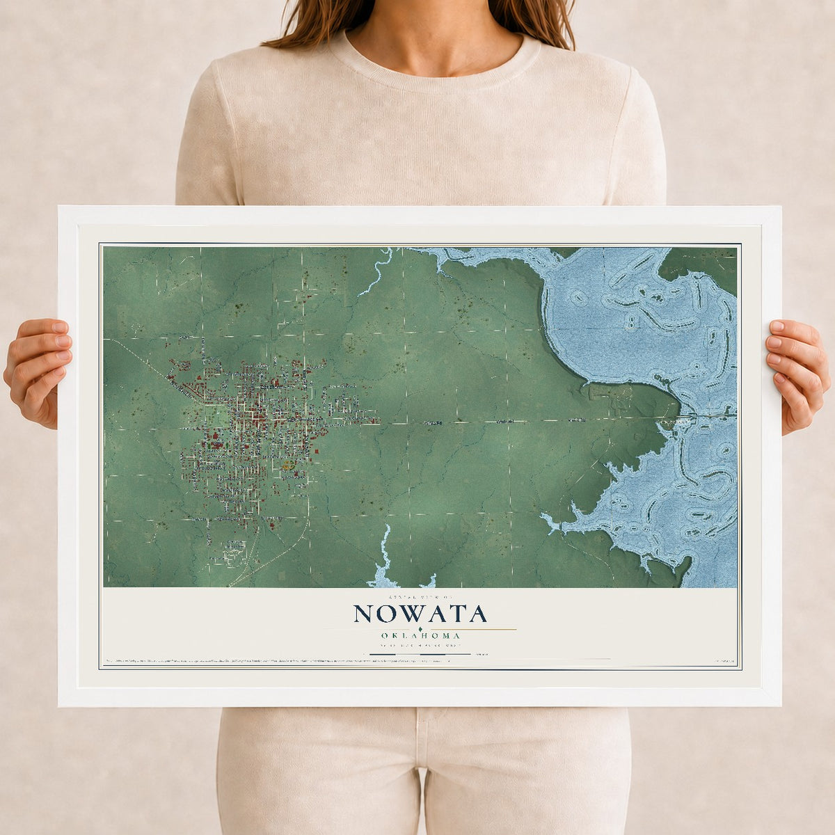 Map of Nowata, Oklahoma, 12 x 18 inch print in a white wood frame