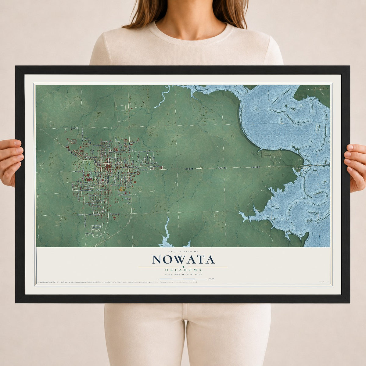 Map of Nowata, Oklahoma, 18 x 24 inch print in a black wood frame