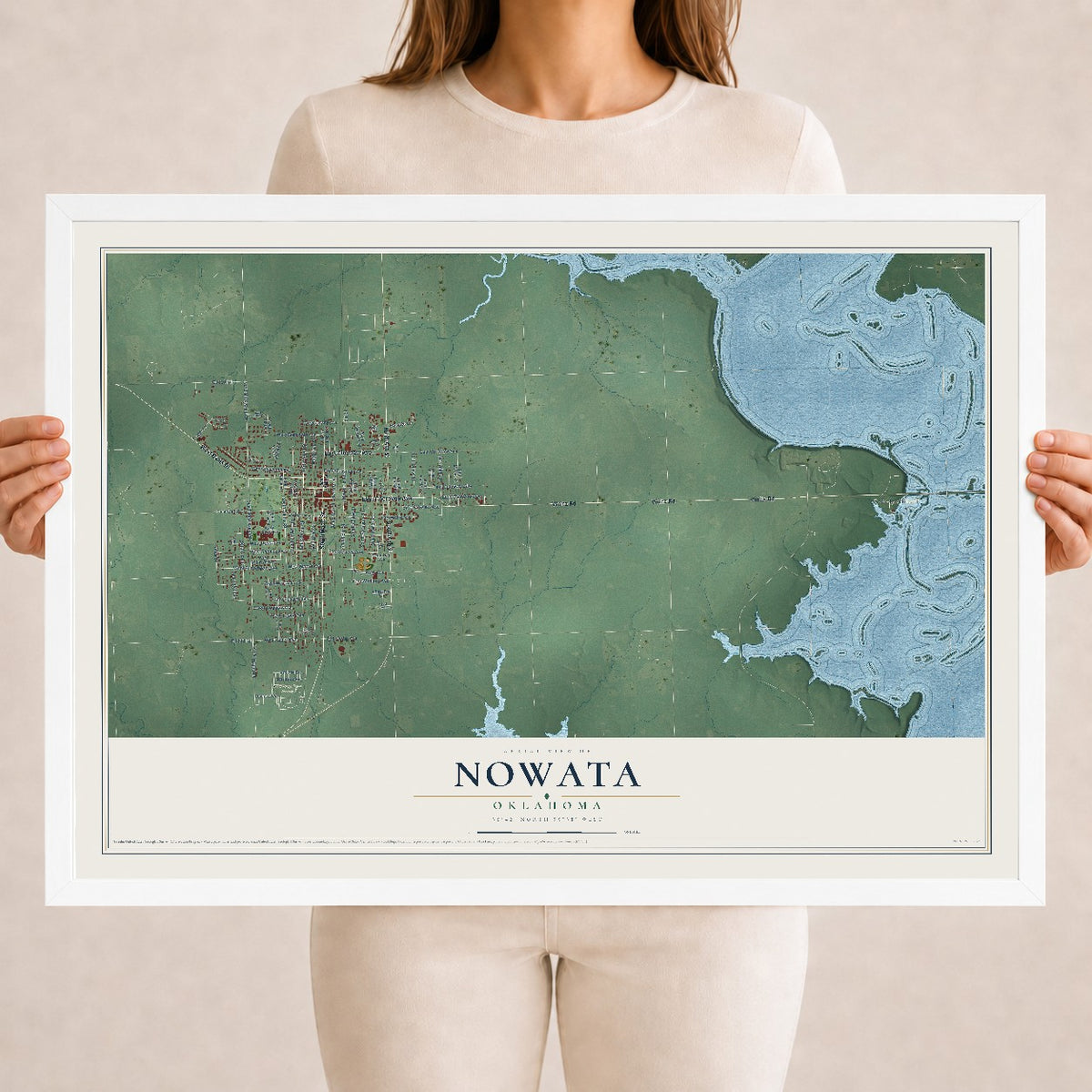 Map of Nowata, Oklahoma, 18 x 24 inch print in a white wood frame