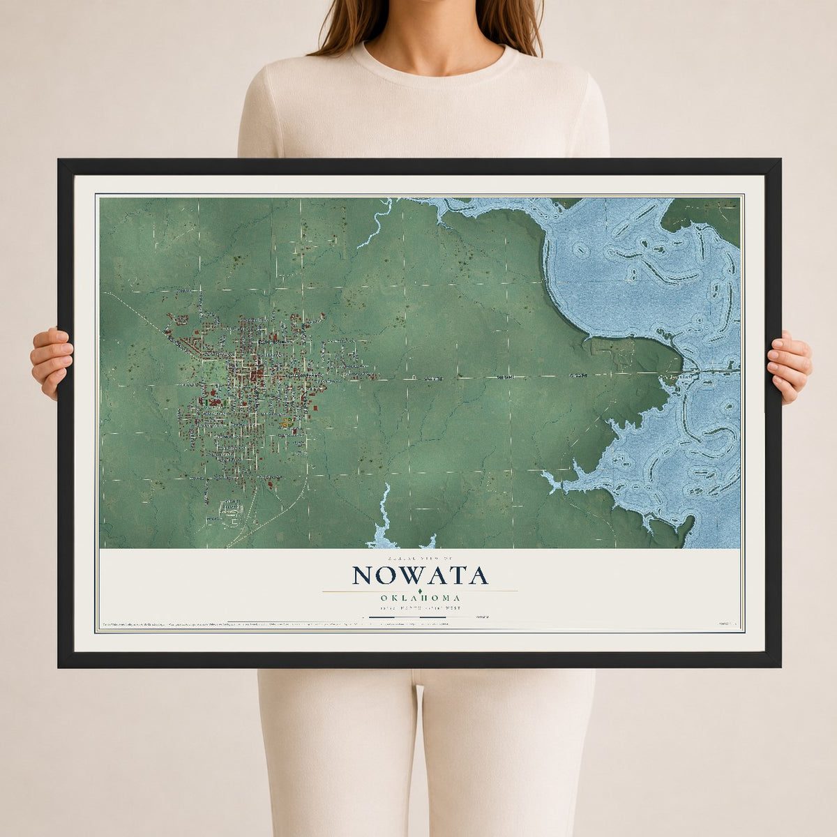 Map of Nowata, Oklahoma, 24 x 36 inch print in a black wood frame