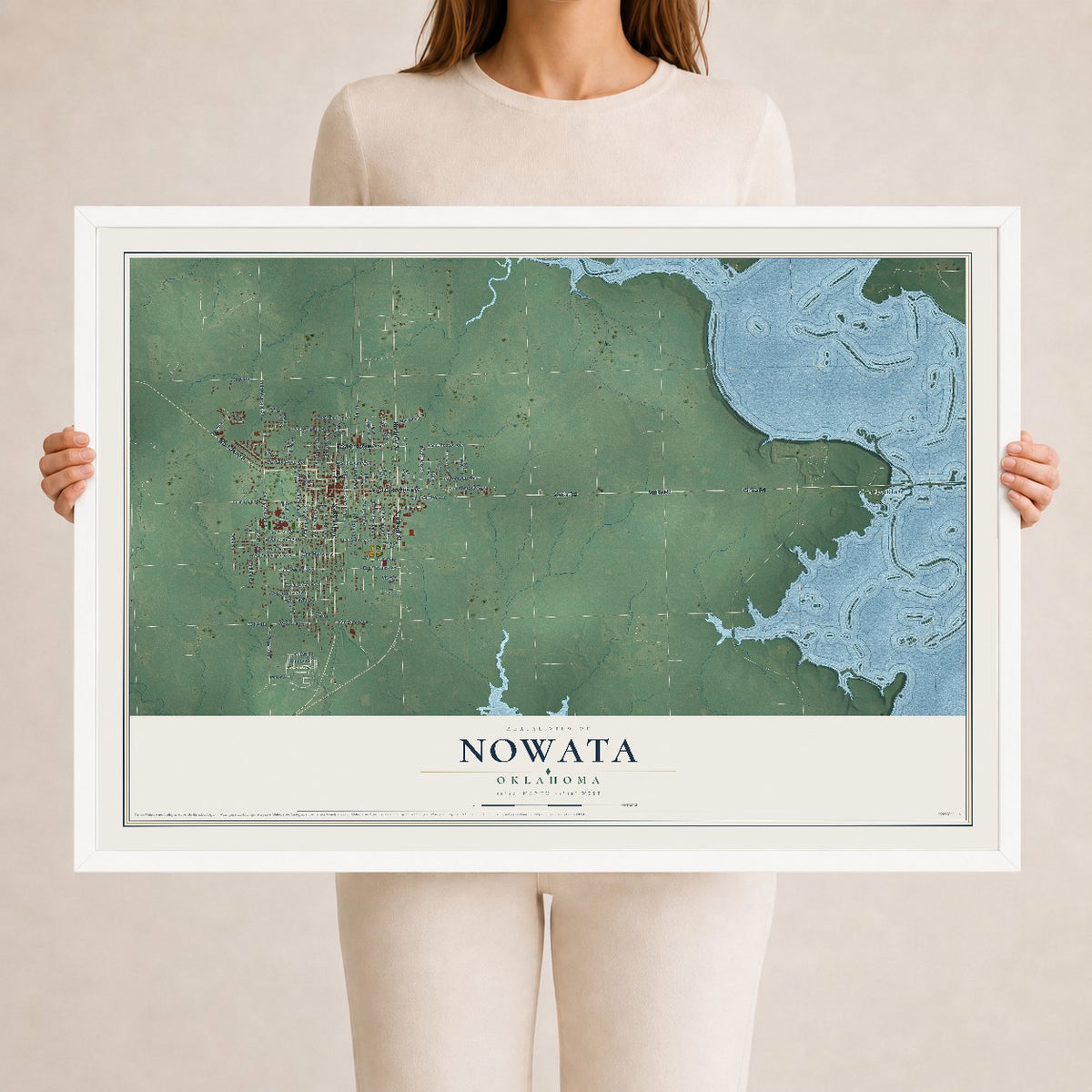 Map of Nowata, Oklahoma, 24 x 36 inch print in a white wood frame