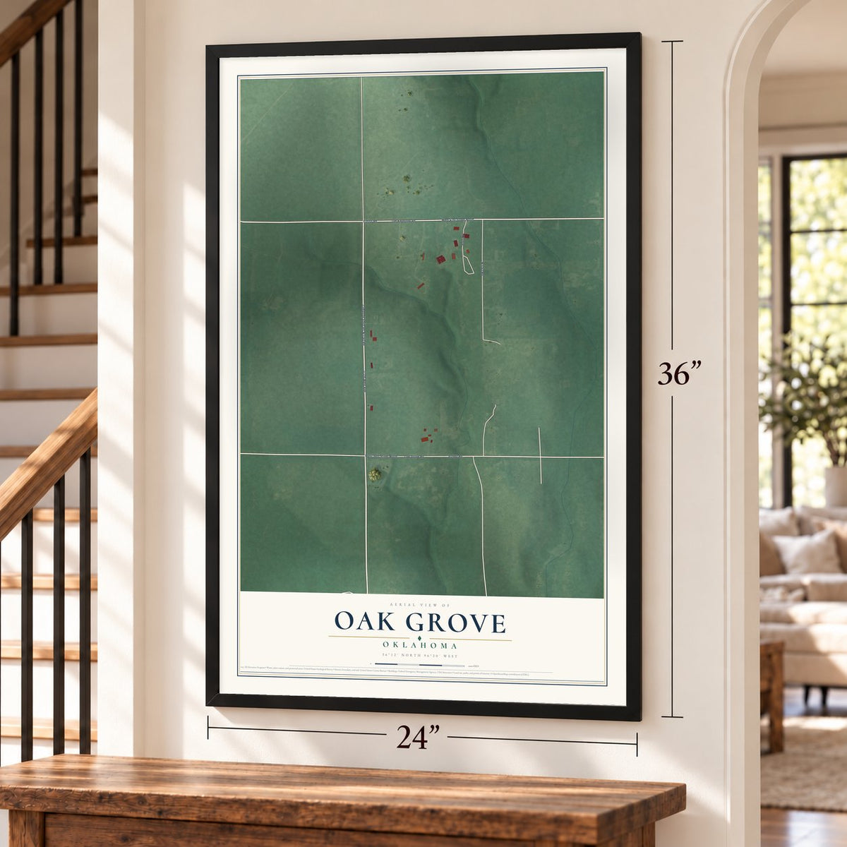 Oak Grove, Oklahoma map, 24 x 36 inch print in a black frame by a staircase