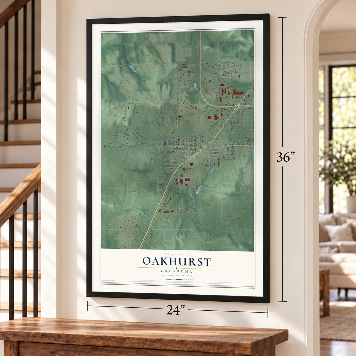 Oakhurst, Oklahoma map, 24 x 36 inch print in a black frame by a staircase