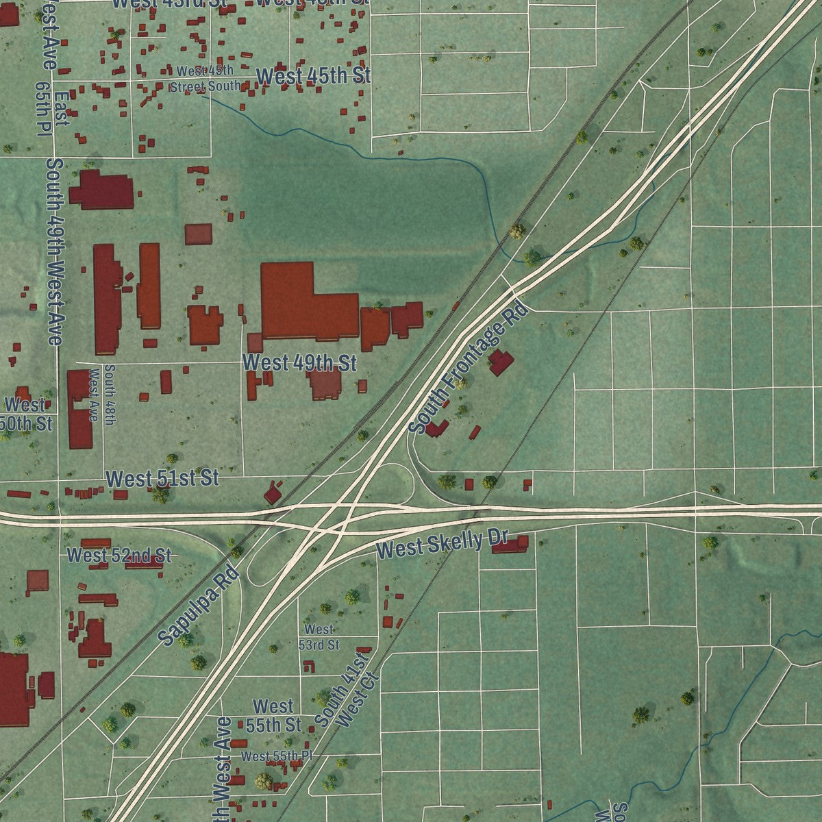 Close-up of the map of Oakhurst, Oklahoma print showing street and building detail