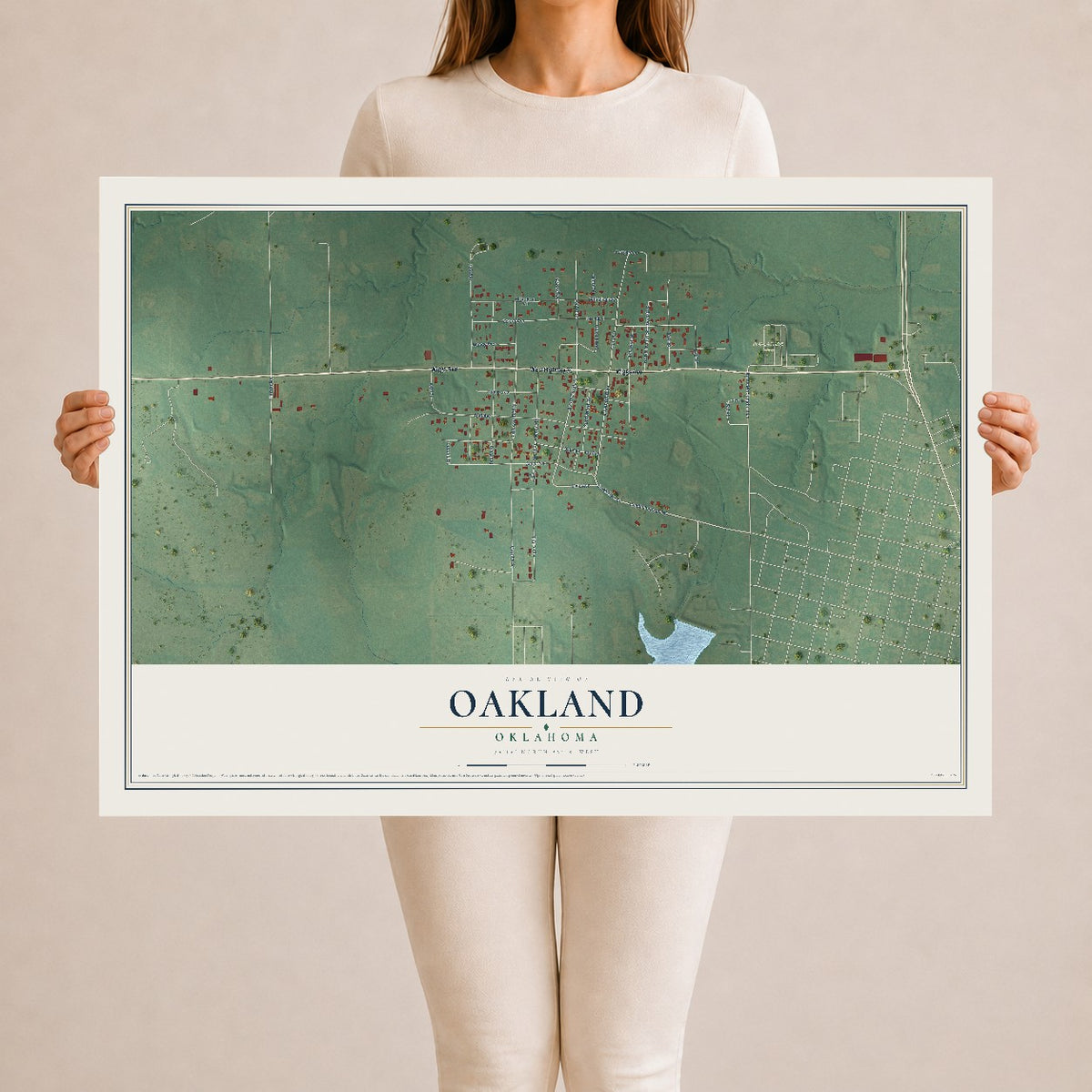 Map of Oakland, Oklahoma, 24 x 36 inch unframed archival matte print