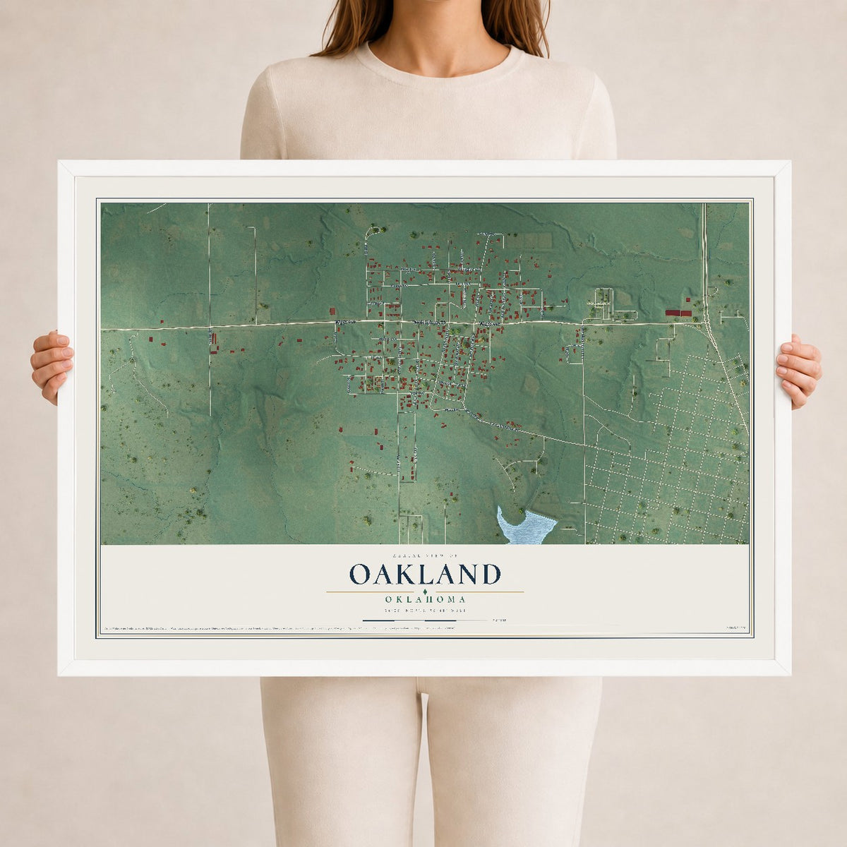 Map of Oakland, Oklahoma, 24 x 36 inch print in a white wood frame