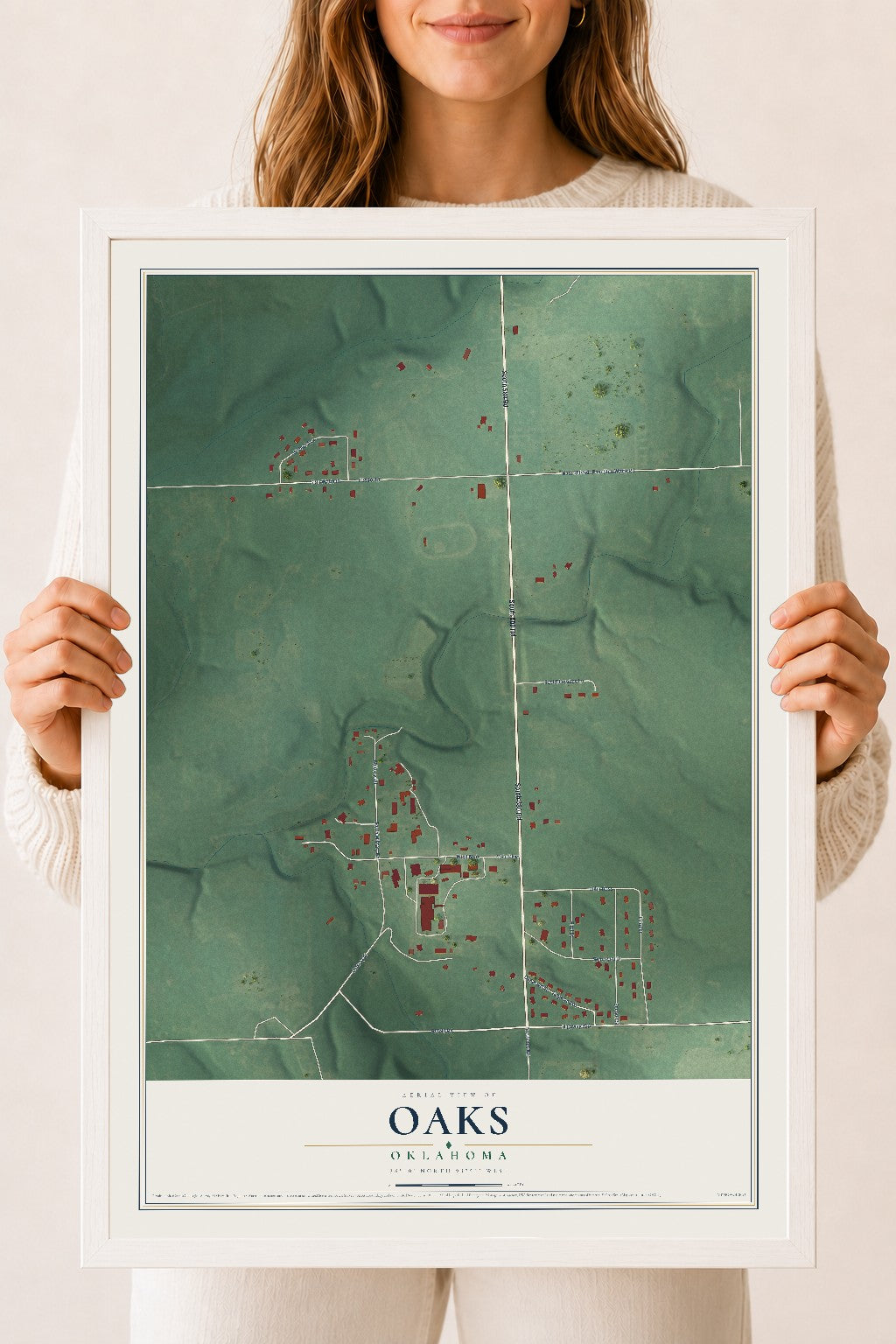 Map of Oaks, Oklahoma, 18 x 24 inch print in a white wood frame