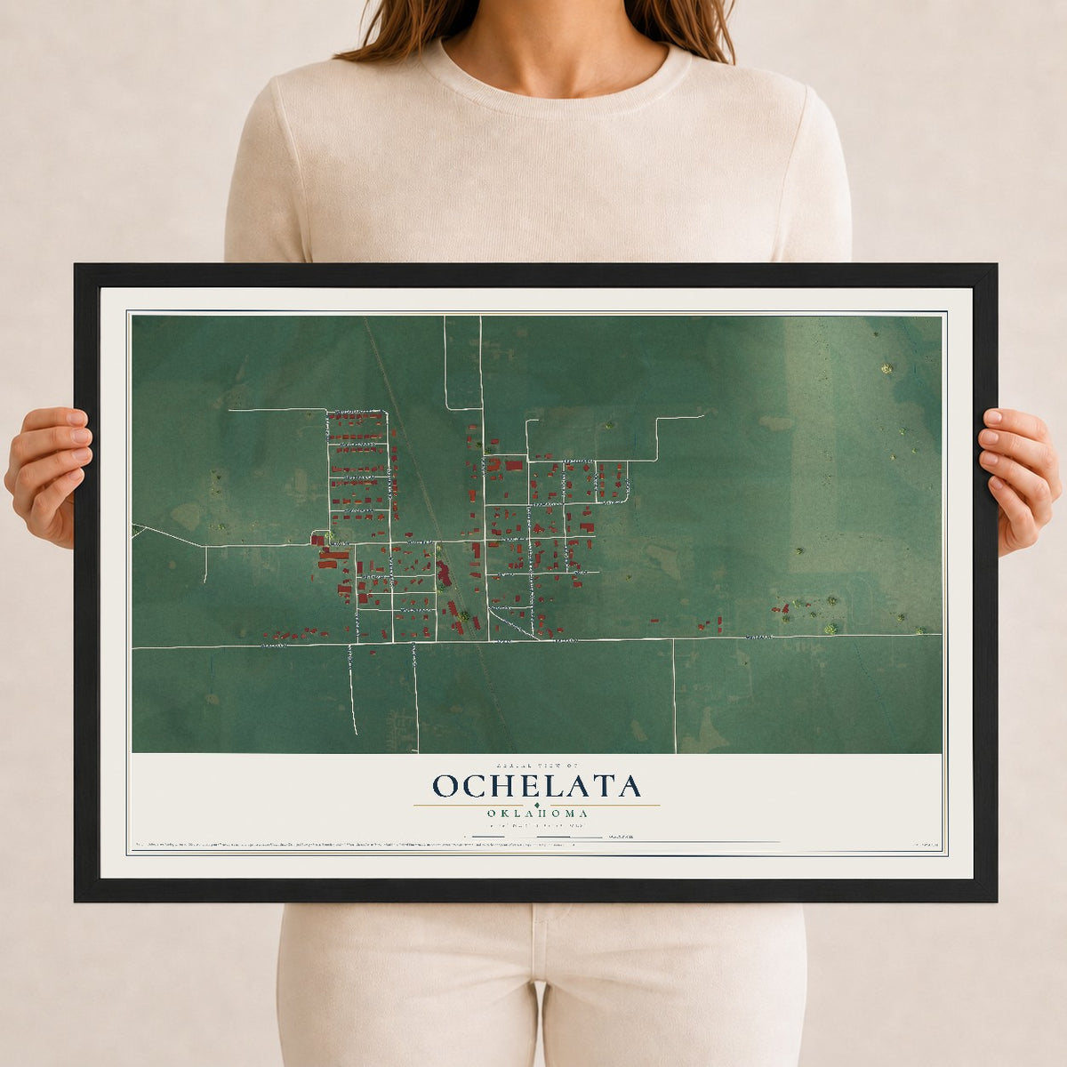 Map of Ochelata, Oklahoma, 12 x 18 inch print in a black wood frame