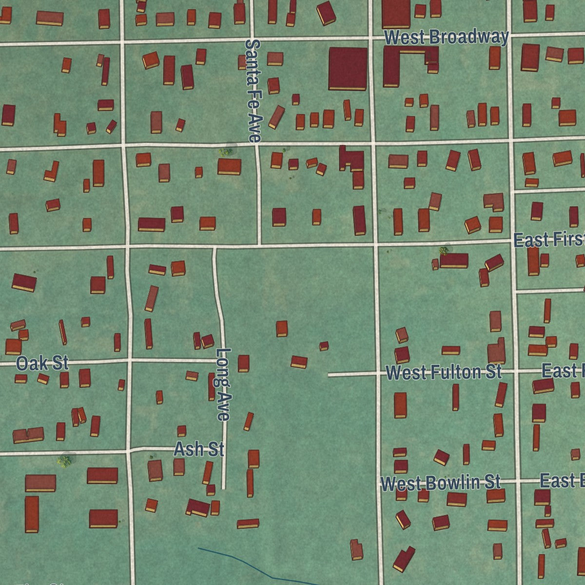 Second close-up of the map of Oilton, Oklahoma print showing more streets and buildings