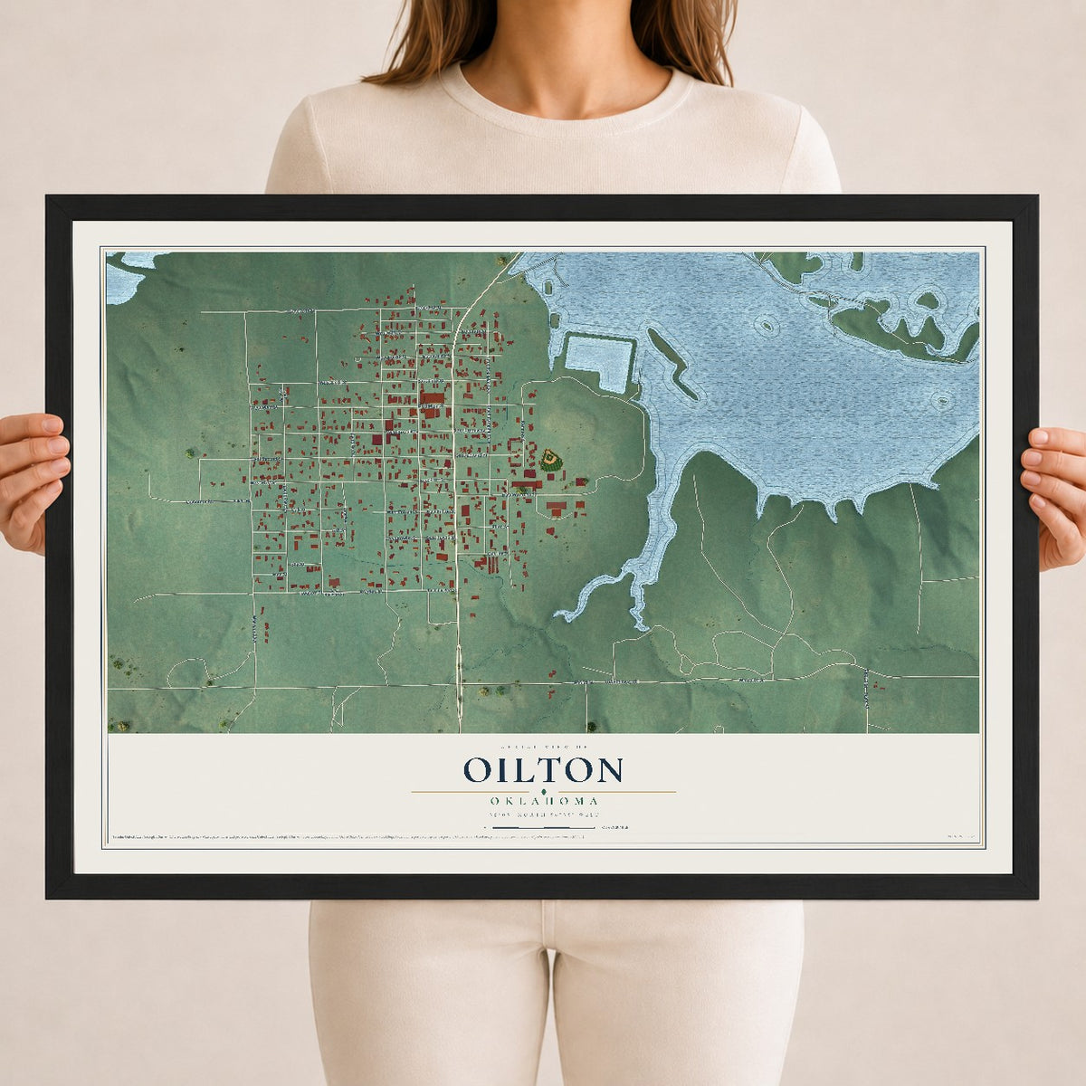 Map of Oilton, Oklahoma, 18 x 24 inch print in a black wood frame