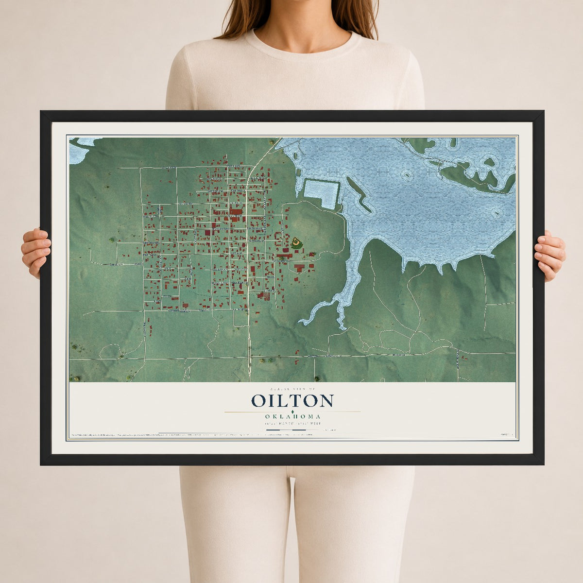Map of Oilton, Oklahoma, 24 x 36 inch print in a black wood frame