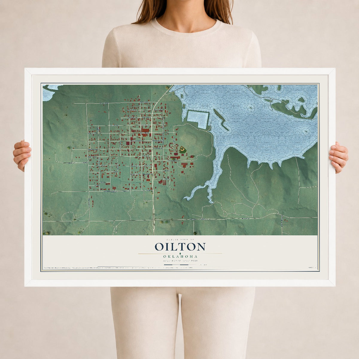 Map of Oilton, Oklahoma, 24 x 36 inch print in a white wood frame