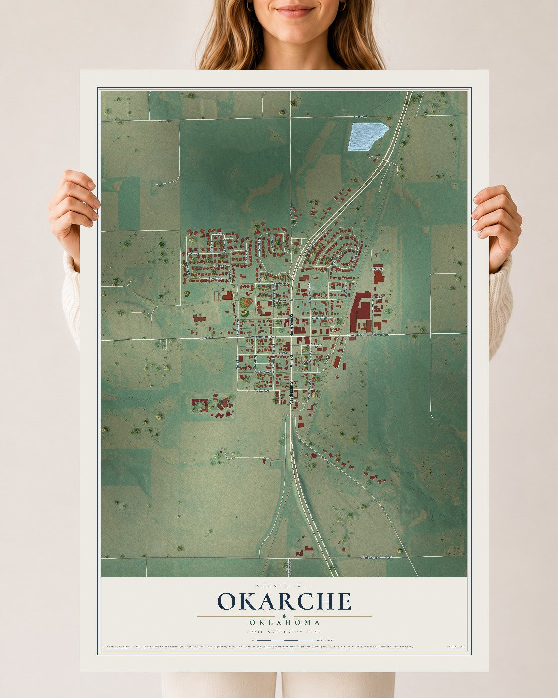 Map of Okarche, Oklahoma, 24 x 36 inch unframed archival matte print