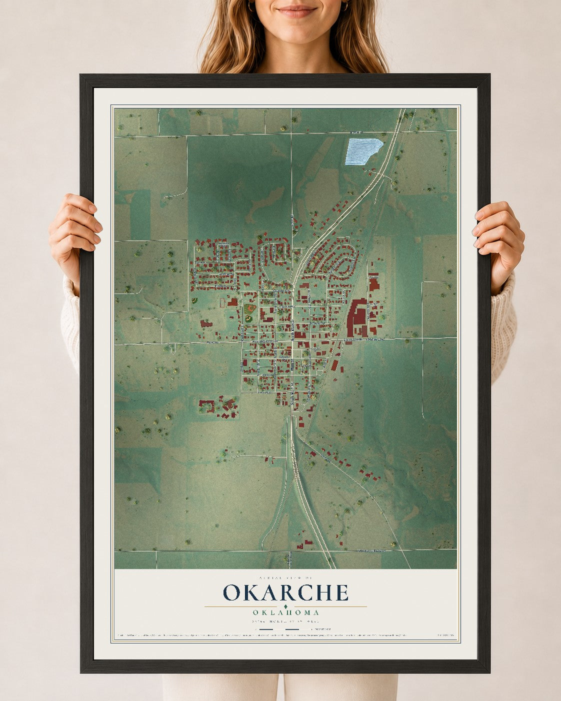 Map of Okarche, Oklahoma, 24 x 36 inch print in a black wood frame