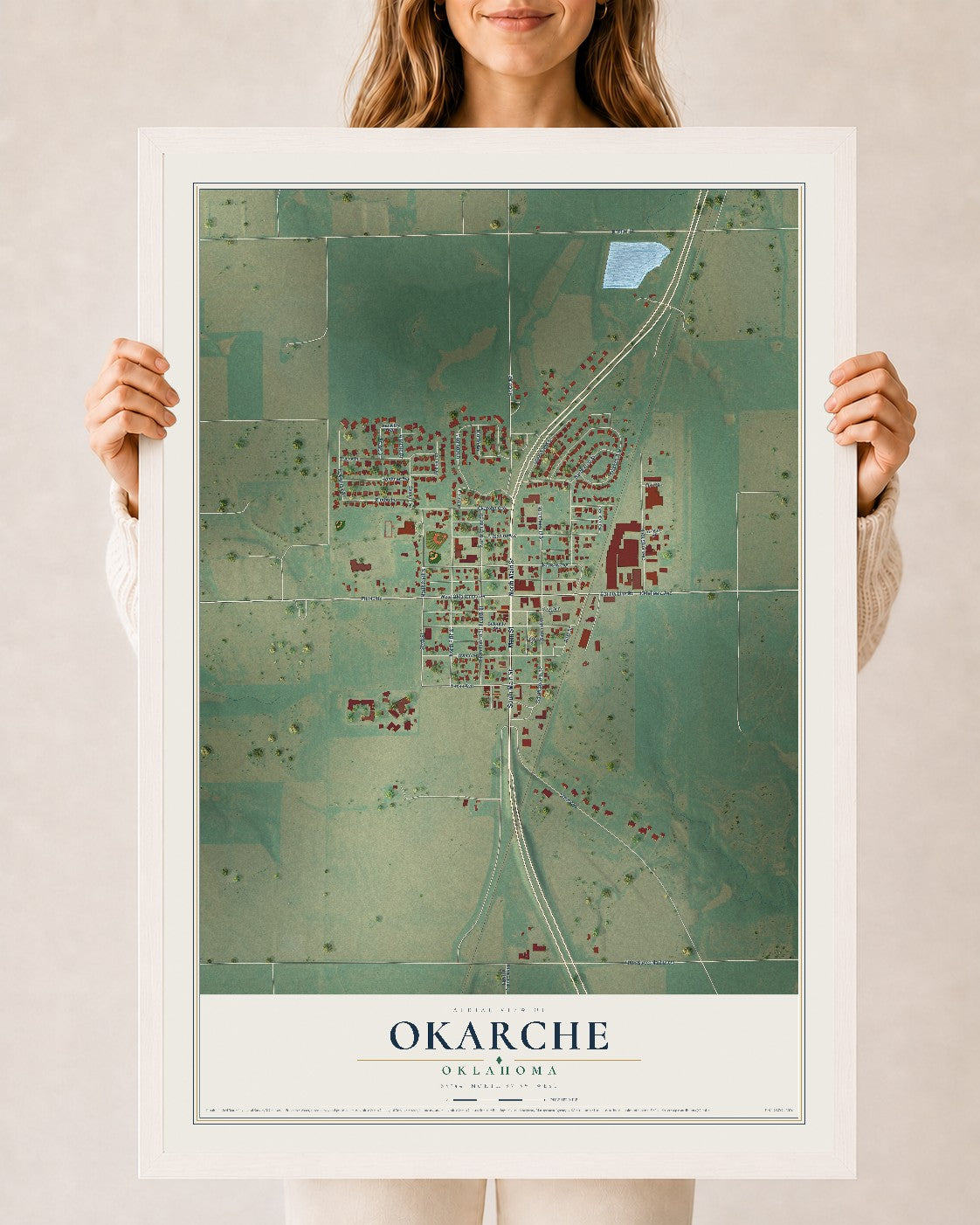 Map of Okarche, Oklahoma, 24 x 36 inch print in a white wood frame