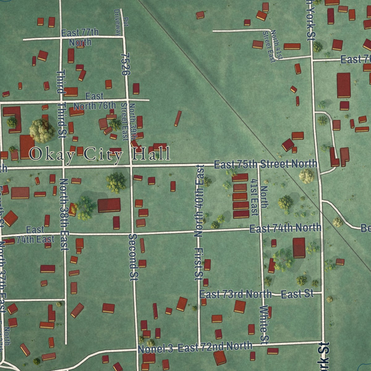Close-up of the map of Okay, Oklahoma print showing street and building detail