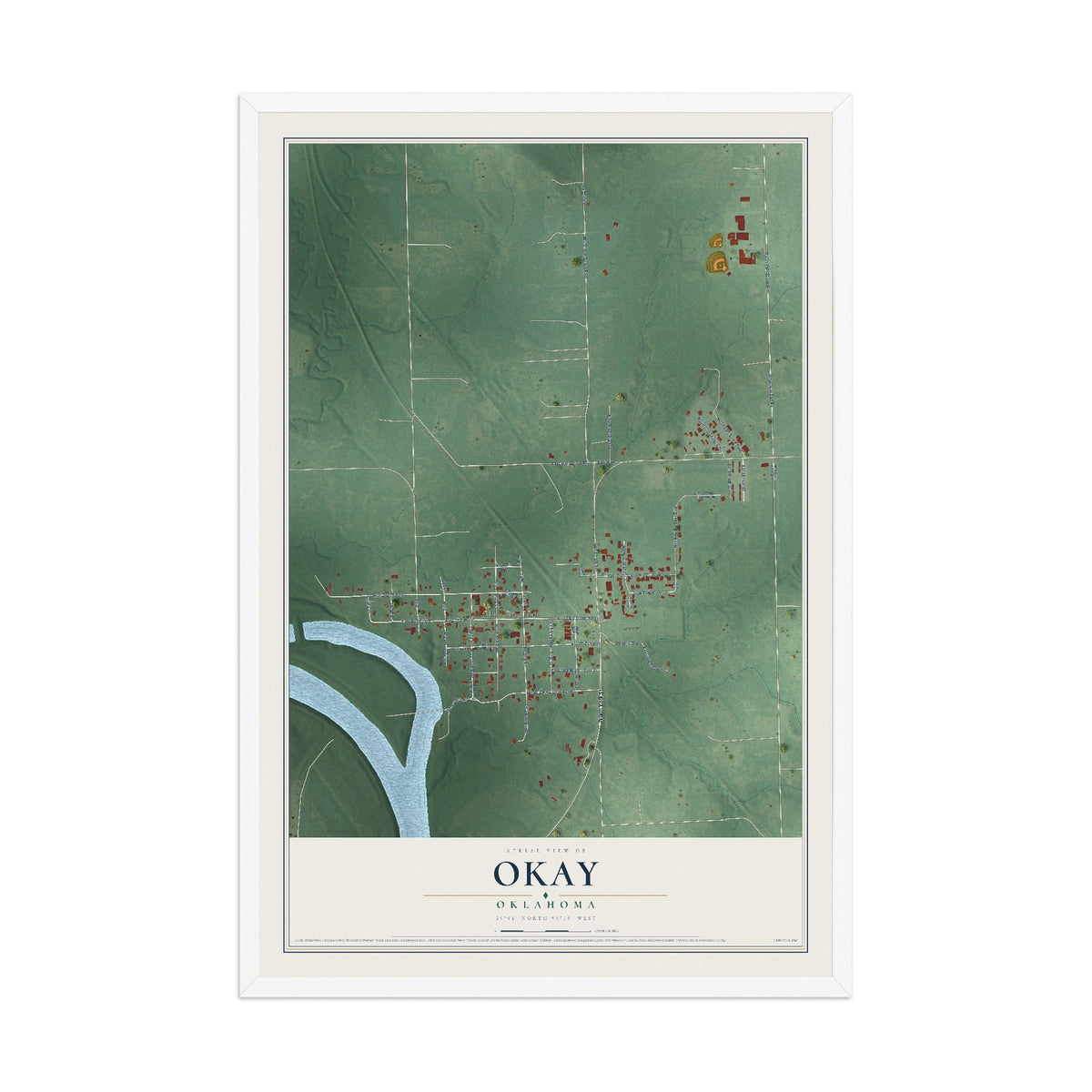 Map of Okay, Oklahoma, 12 x 18 inch print in a white wood frame