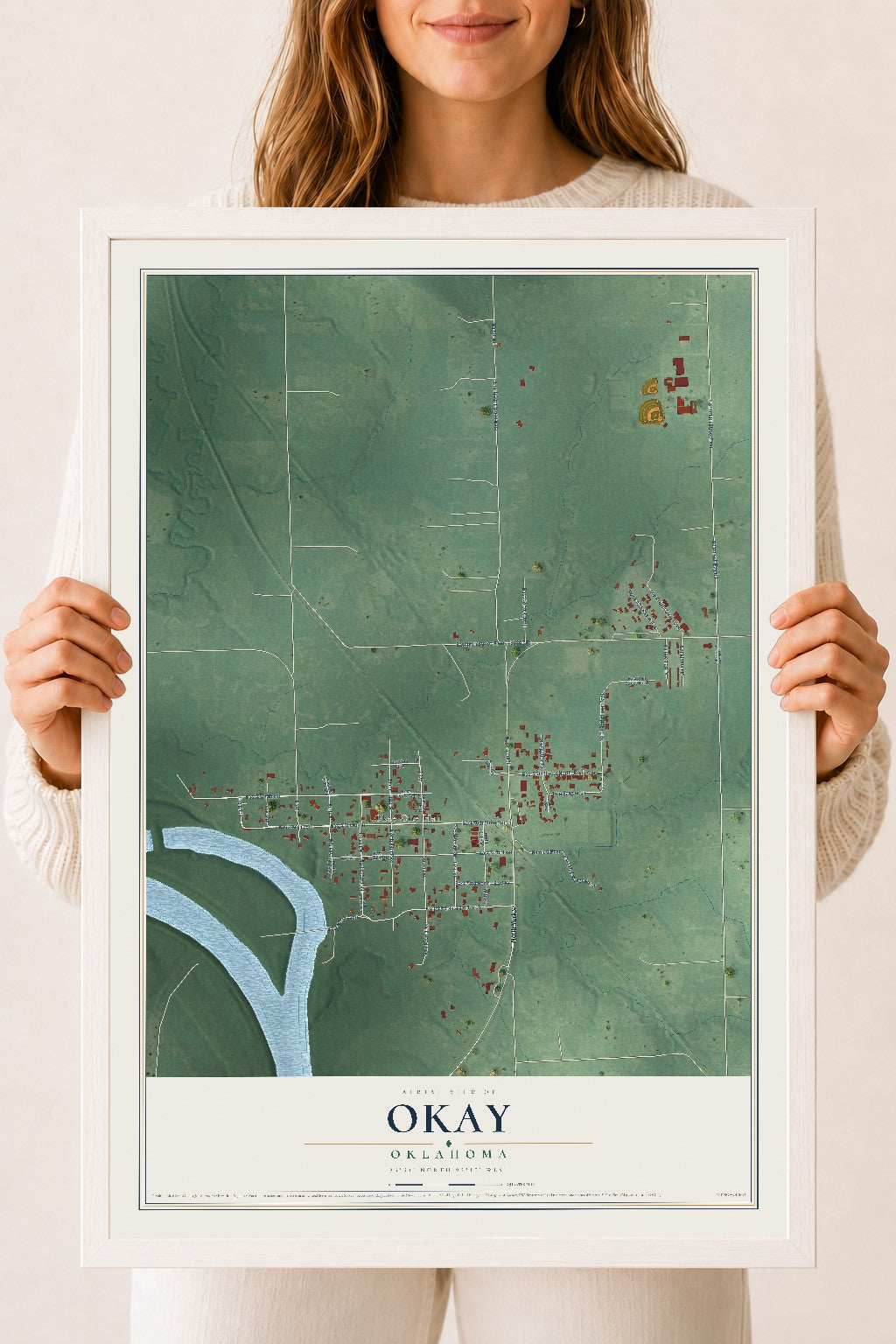 Map of Okay, Oklahoma, 18 x 24 inch print in a white wood frame