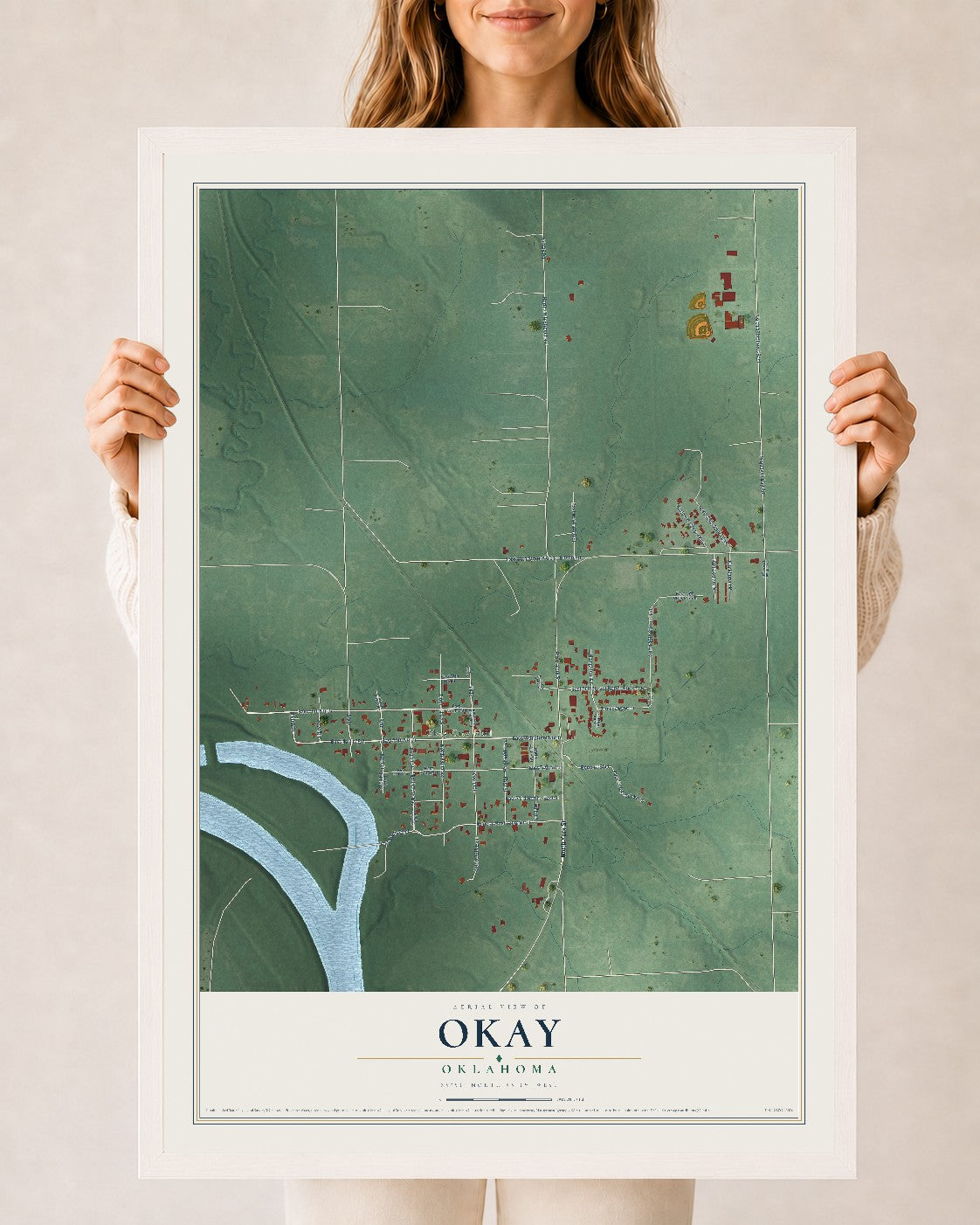 Map of Okay, Oklahoma, 24 x 36 inch print in a white wood frame