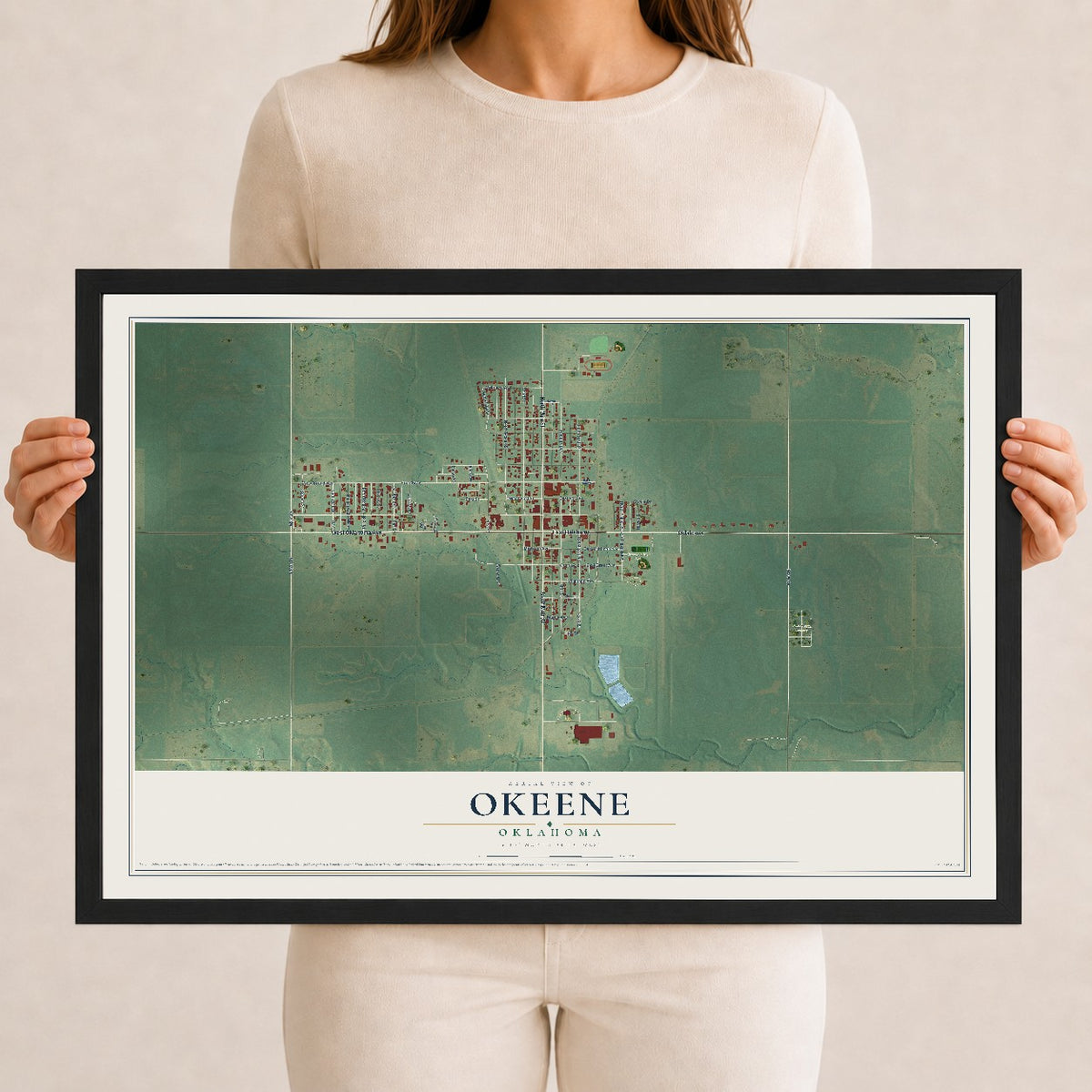 Map of Okeene, Oklahoma, 12 x 18 inch print in a black wood frame