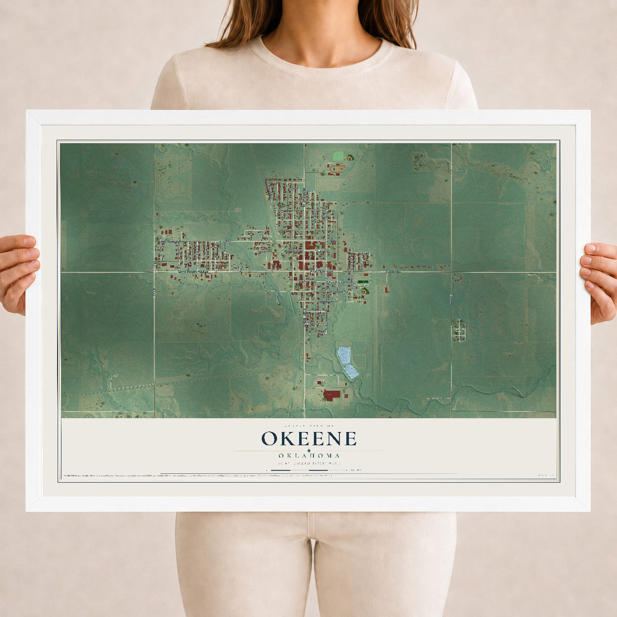 Map of Okeene, Oklahoma, 18 x 24 inch print in a white wood frame