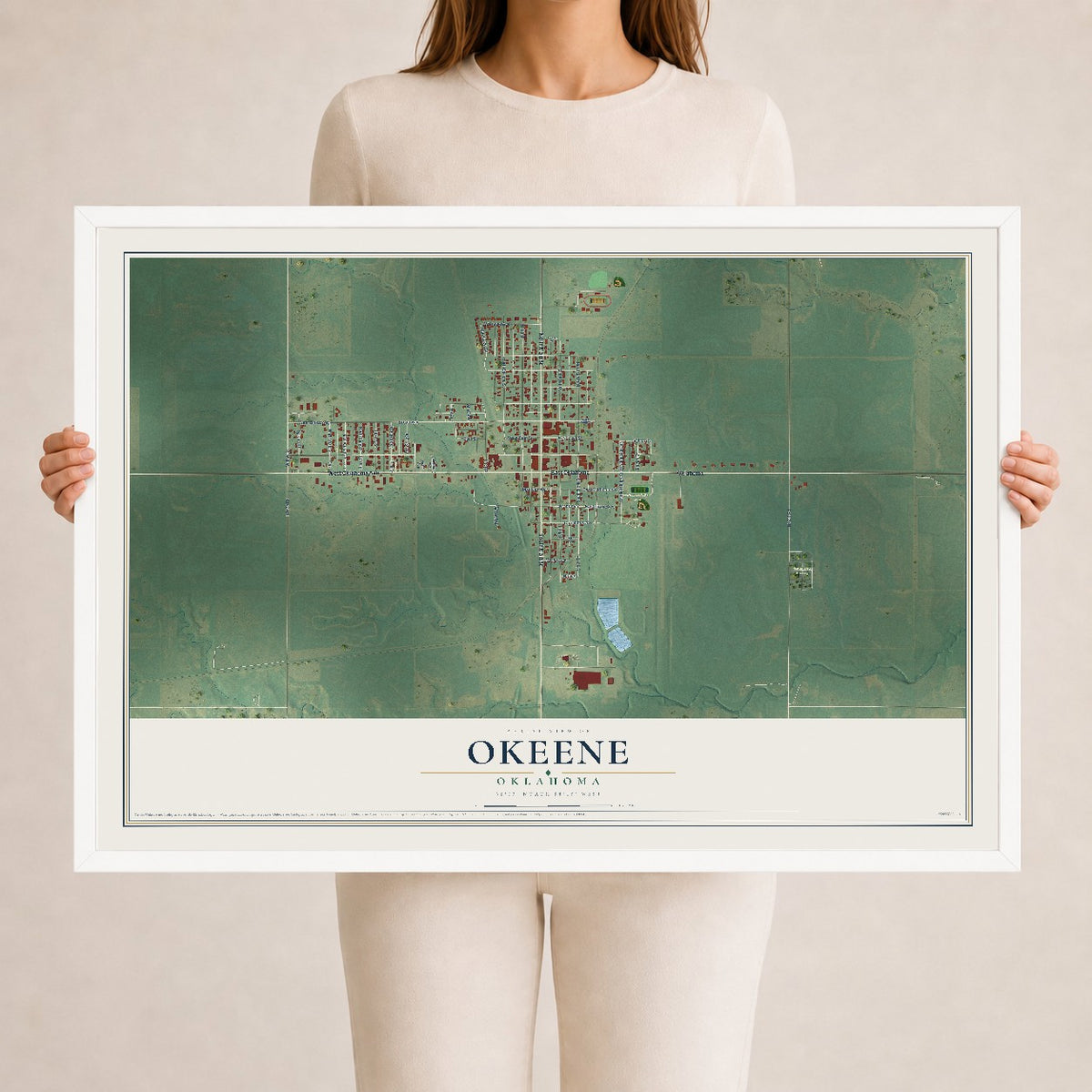 Map of Okeene, Oklahoma, 24 x 36 inch print in a white wood frame