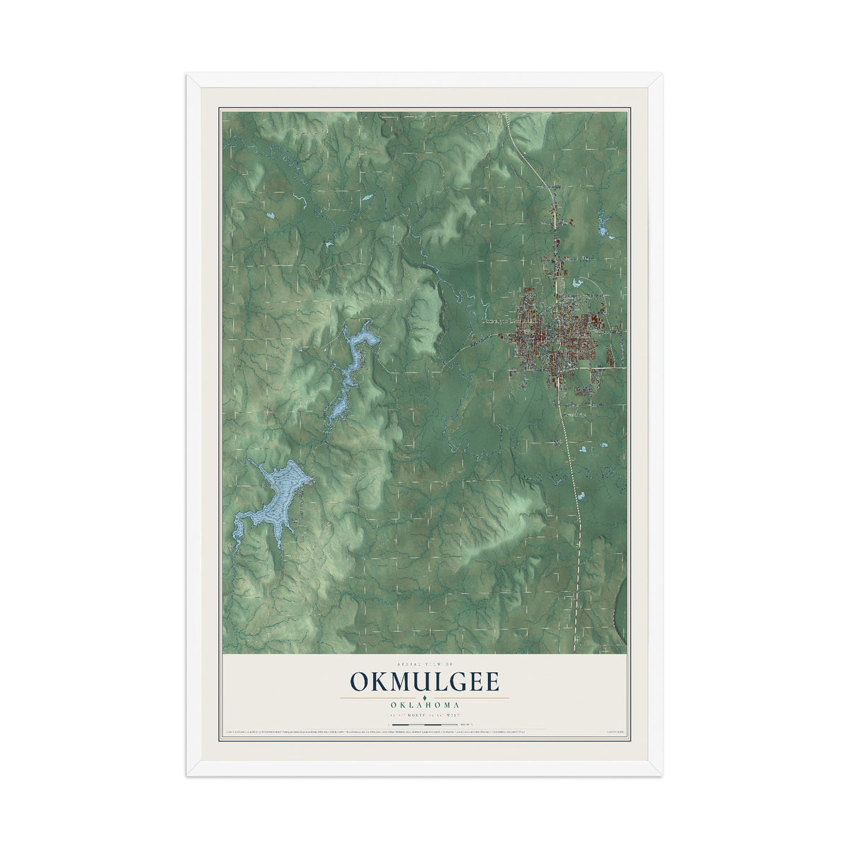 Map of Okmulgee, Oklahoma, 12 x 18 inch print in a white wood frame