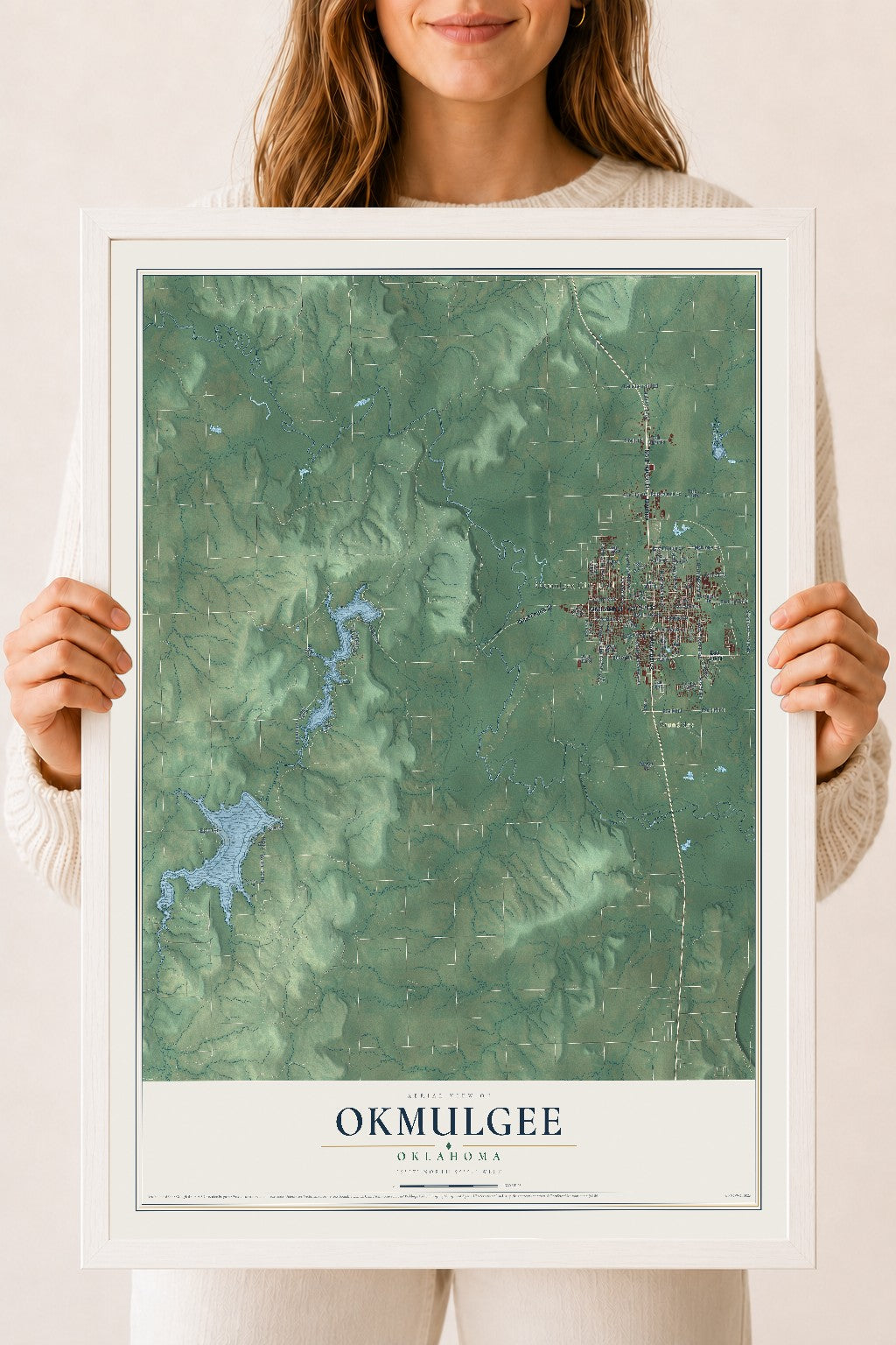 Map of Okmulgee, Oklahoma, 18 x 24 inch print in a white wood frame