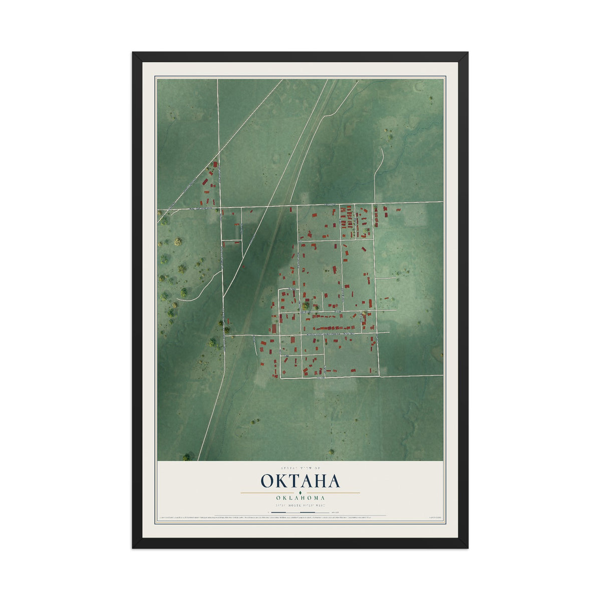 Map of Oktaha, Oklahoma, 12 x 18 inch print in a black wood frame