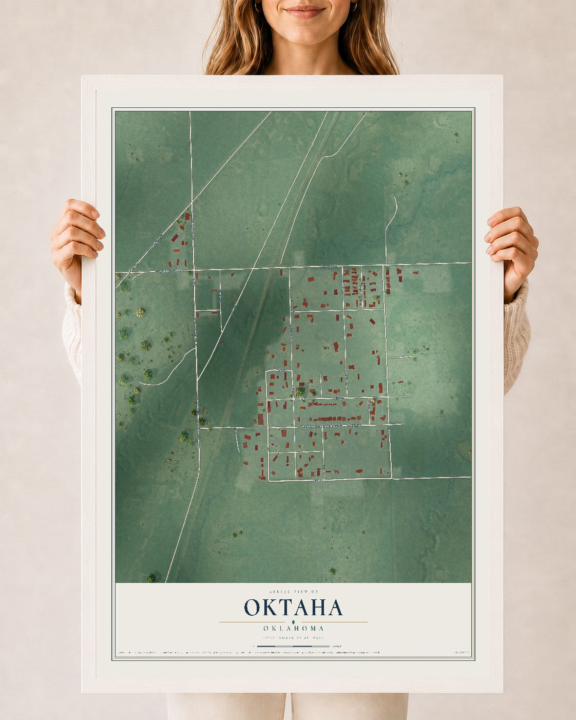 Map of Oktaha, Oklahoma, 24 x 36 inch print in a white wood frame