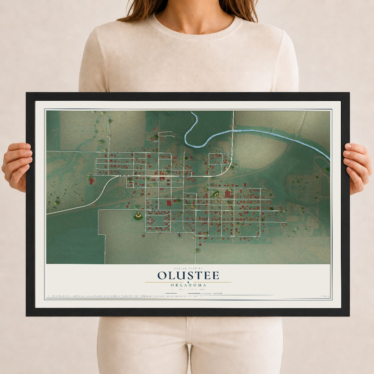 Map of Olustee, Oklahoma, 12 x 18 inch print in a black wood frame