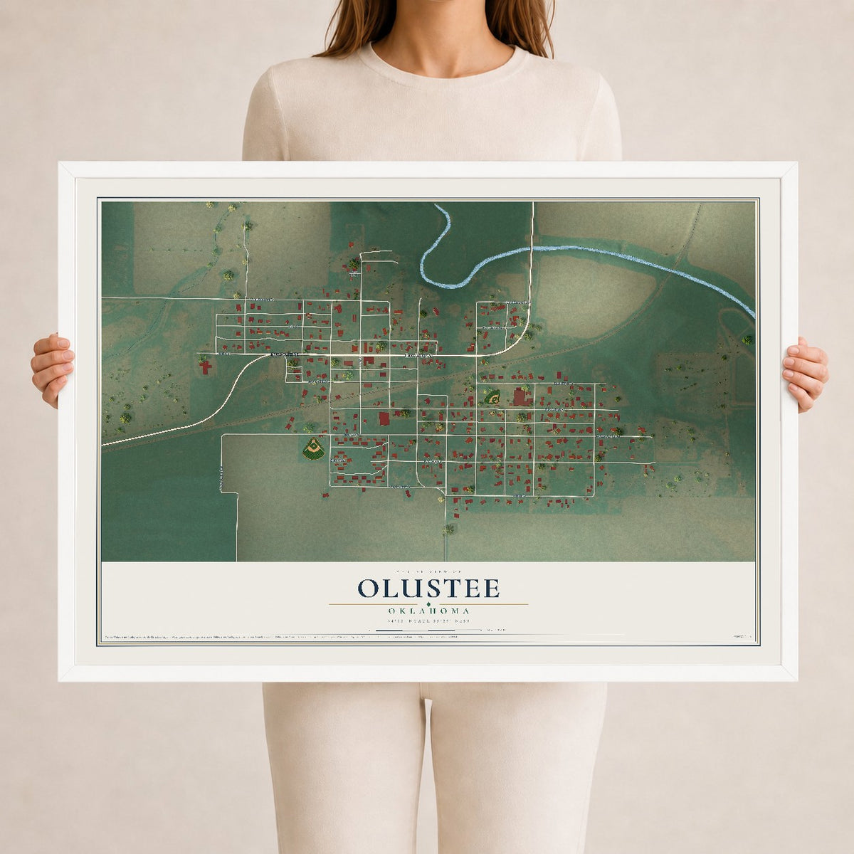 Map of Olustee, Oklahoma, 24 x 36 inch print in a white wood frame