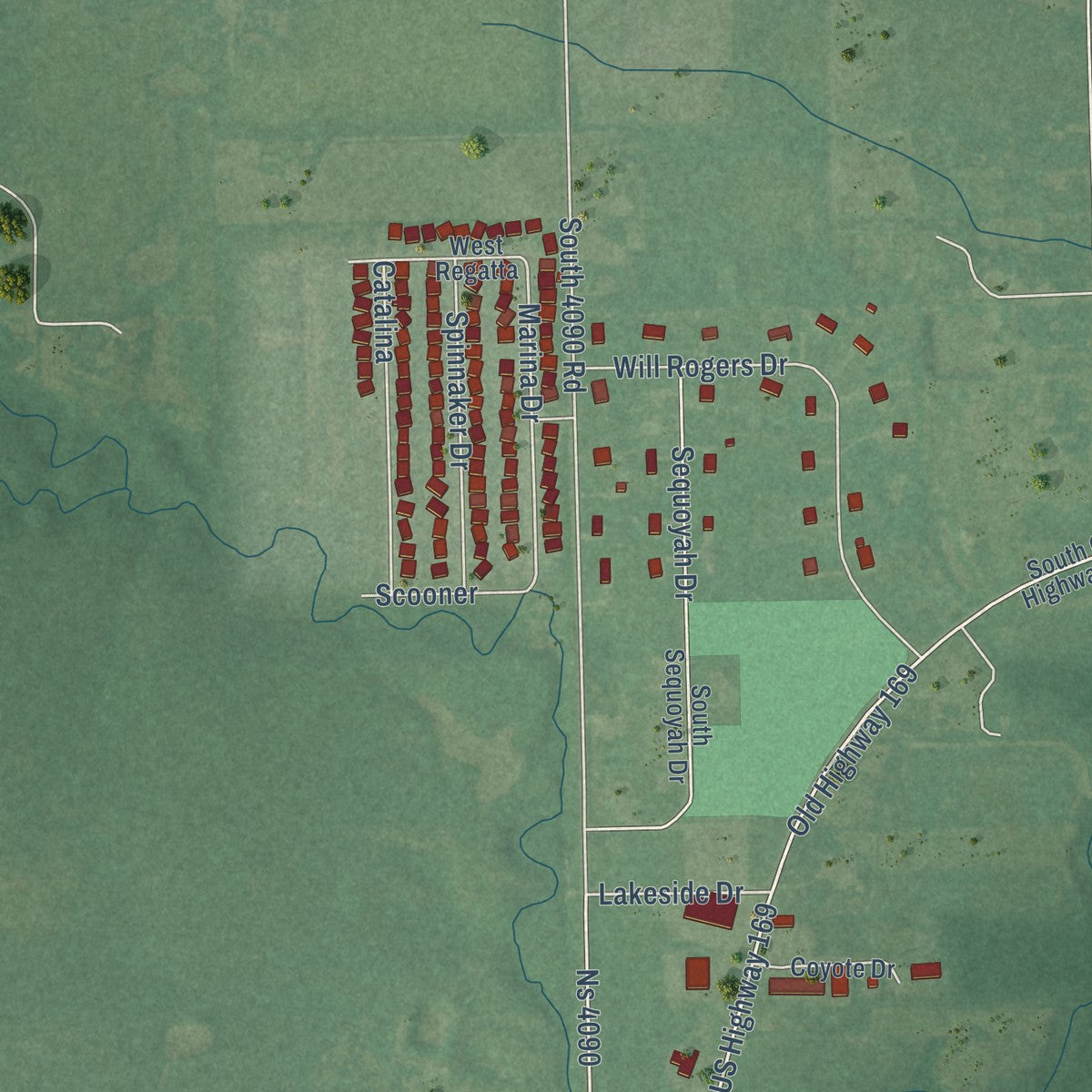 Second close-up of the map of Oologah, Oklahoma print showing more streets and buildings