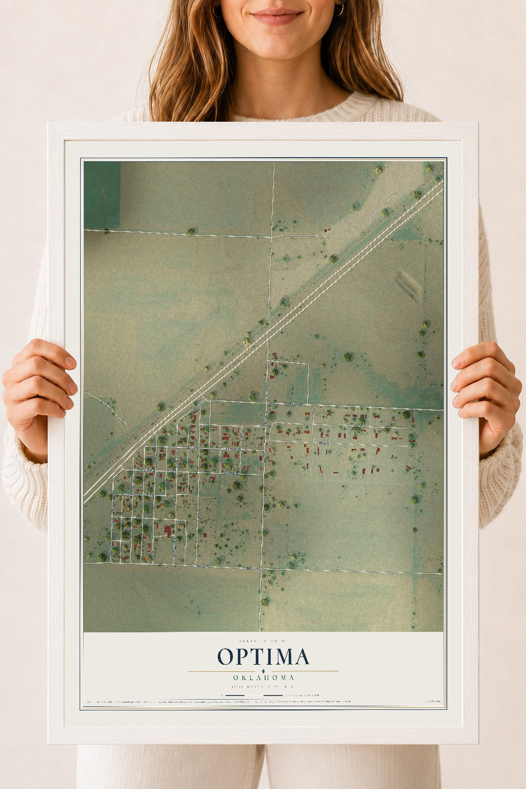 Map of Optima, Oklahoma, 18 x 24 inch print in a white wood frame