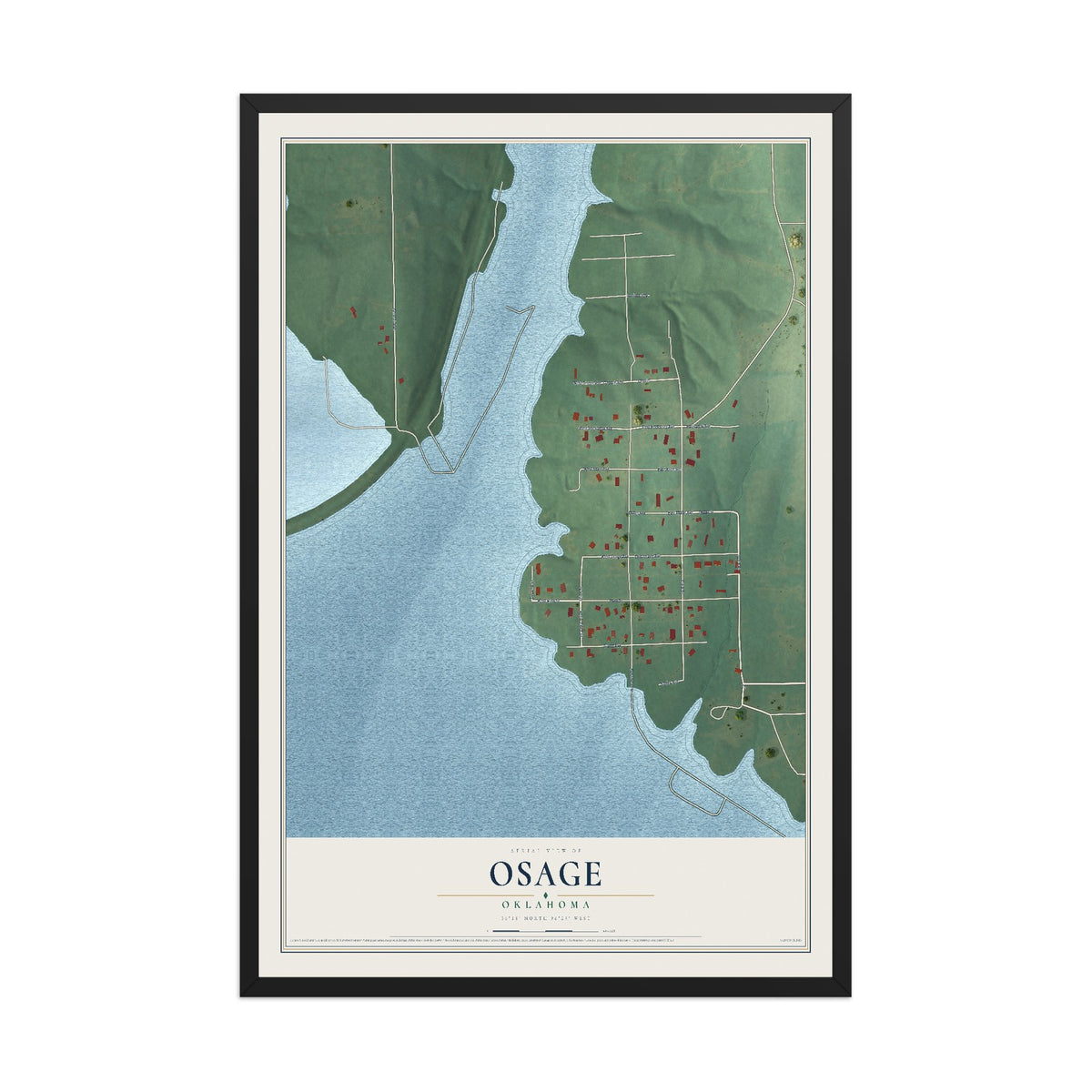 Map of Osage, Oklahoma, 12 x 18 inch print in a black wood frame