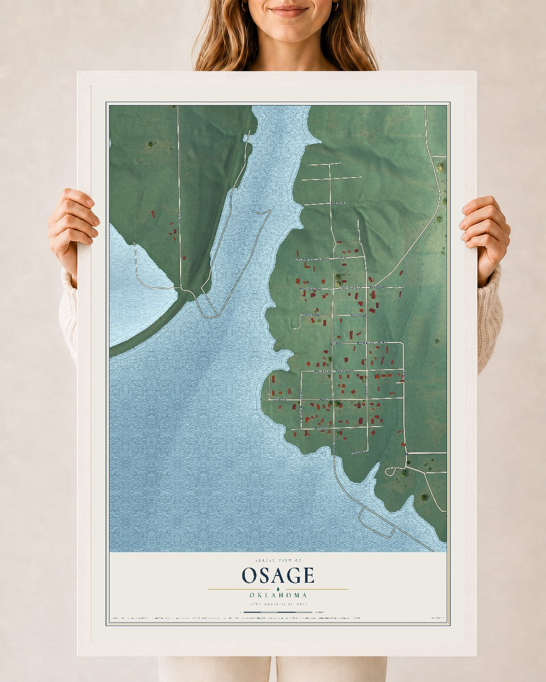 Map of Osage, Oklahoma, 24 x 36 inch print in a white wood frame