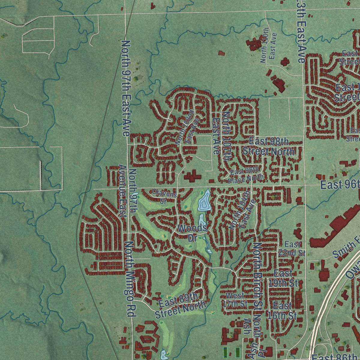 Second close-up of the map of Owasso, Oklahoma print showing more streets and buildings