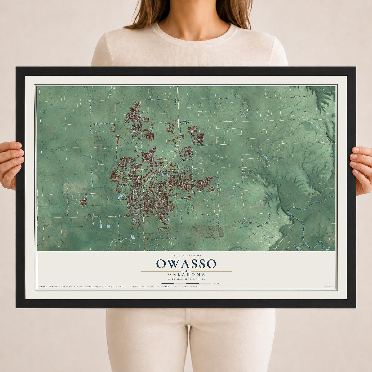 Map of Owasso, Oklahoma, 18 x 24 inch print in a black wood frame