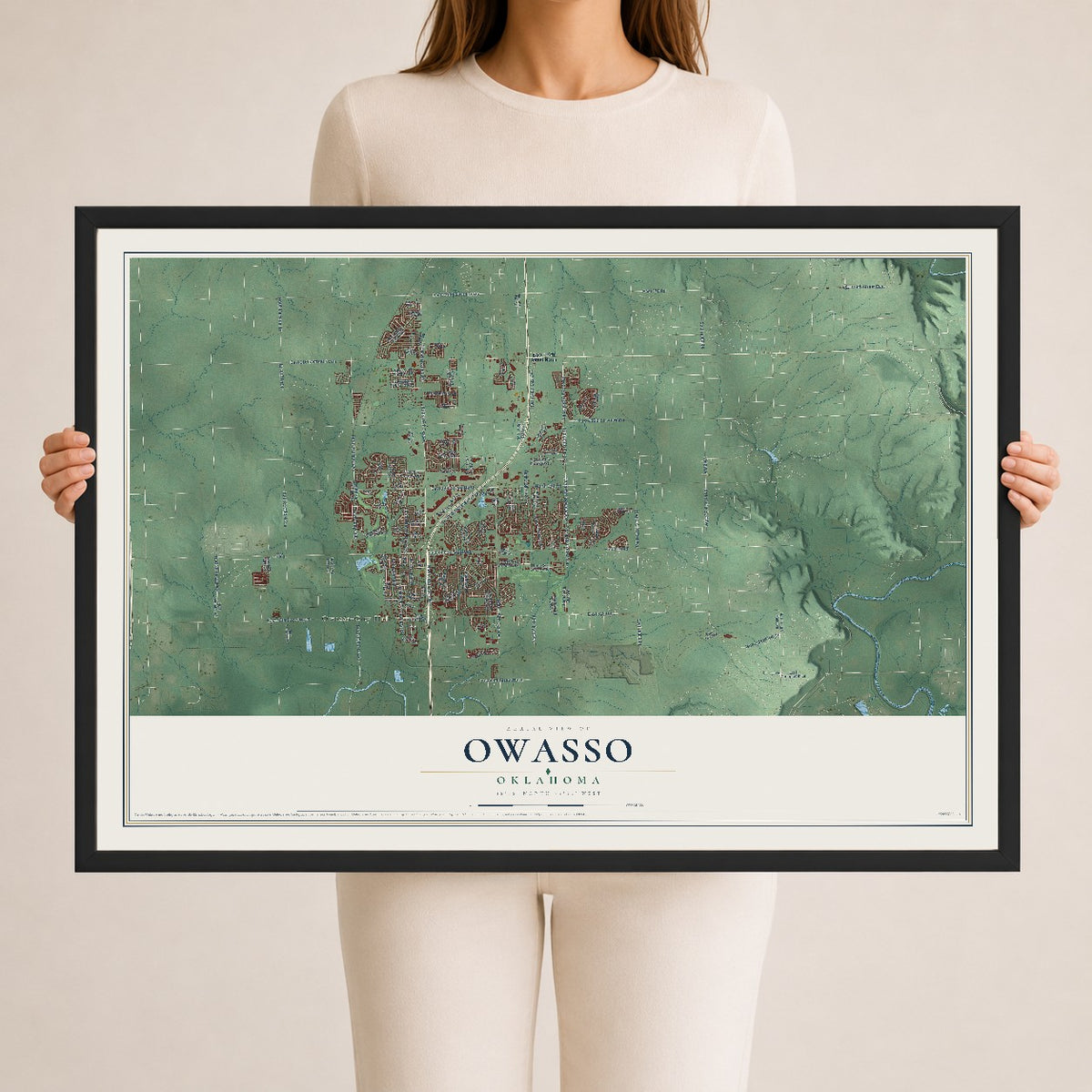 Map of Owasso, Oklahoma, 24 x 36 inch print in a black wood frame