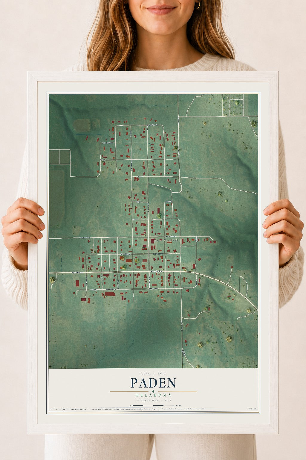 Map of Paden, Oklahoma, 18 x 24 inch print in a white wood frame