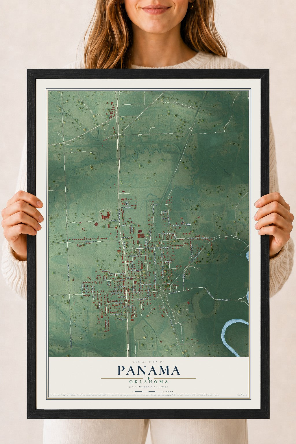 Map of Panama, Oklahoma, 18 x 24 inch print in a black wood frame