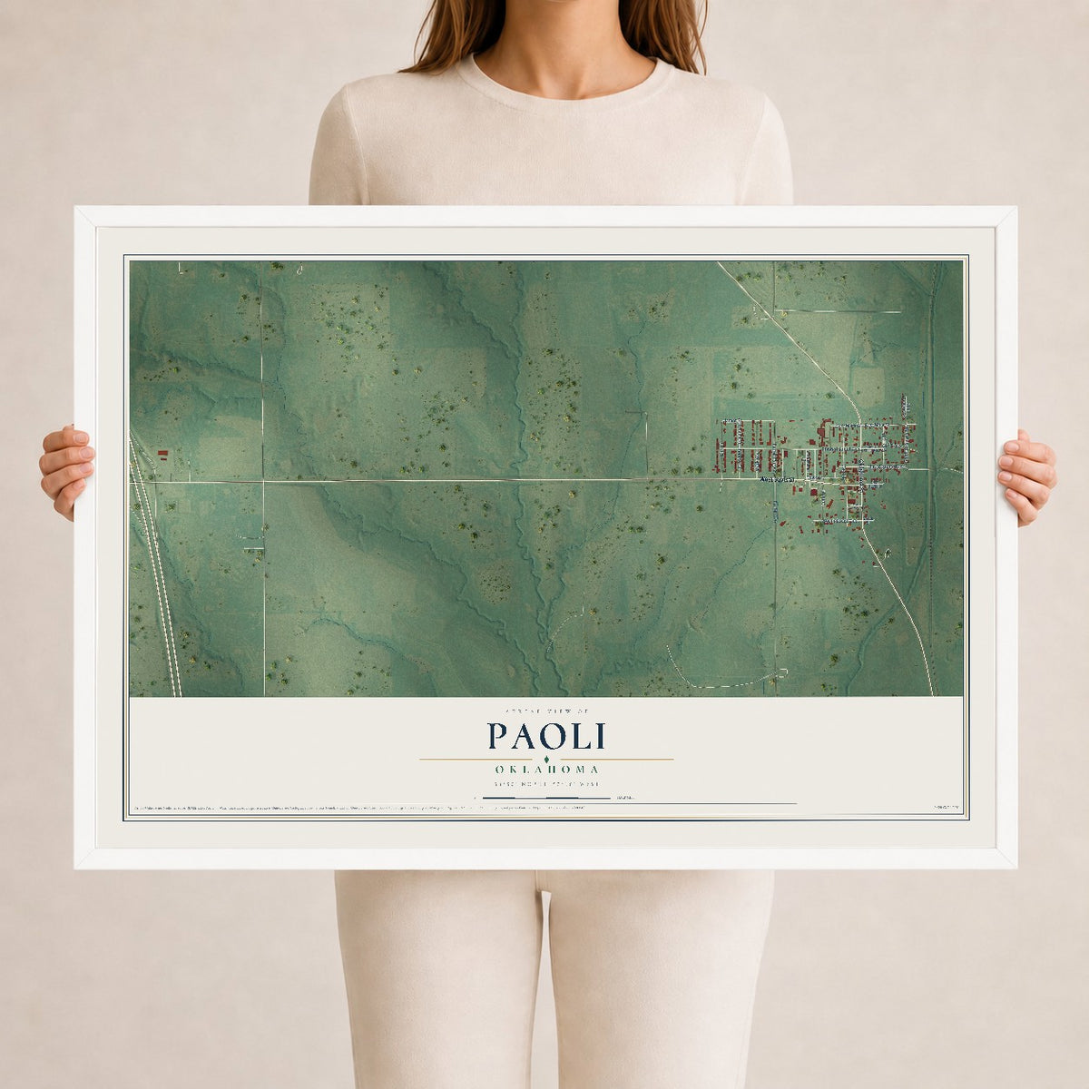 Map of Paoli, Oklahoma, 24 x 36 inch print in a white wood frame