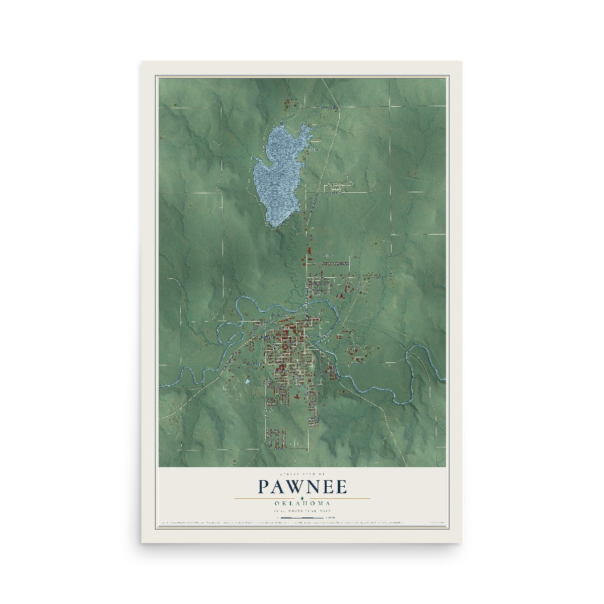 Map of Pawnee, Oklahoma, 12 x 18 inch unframed archival matte print