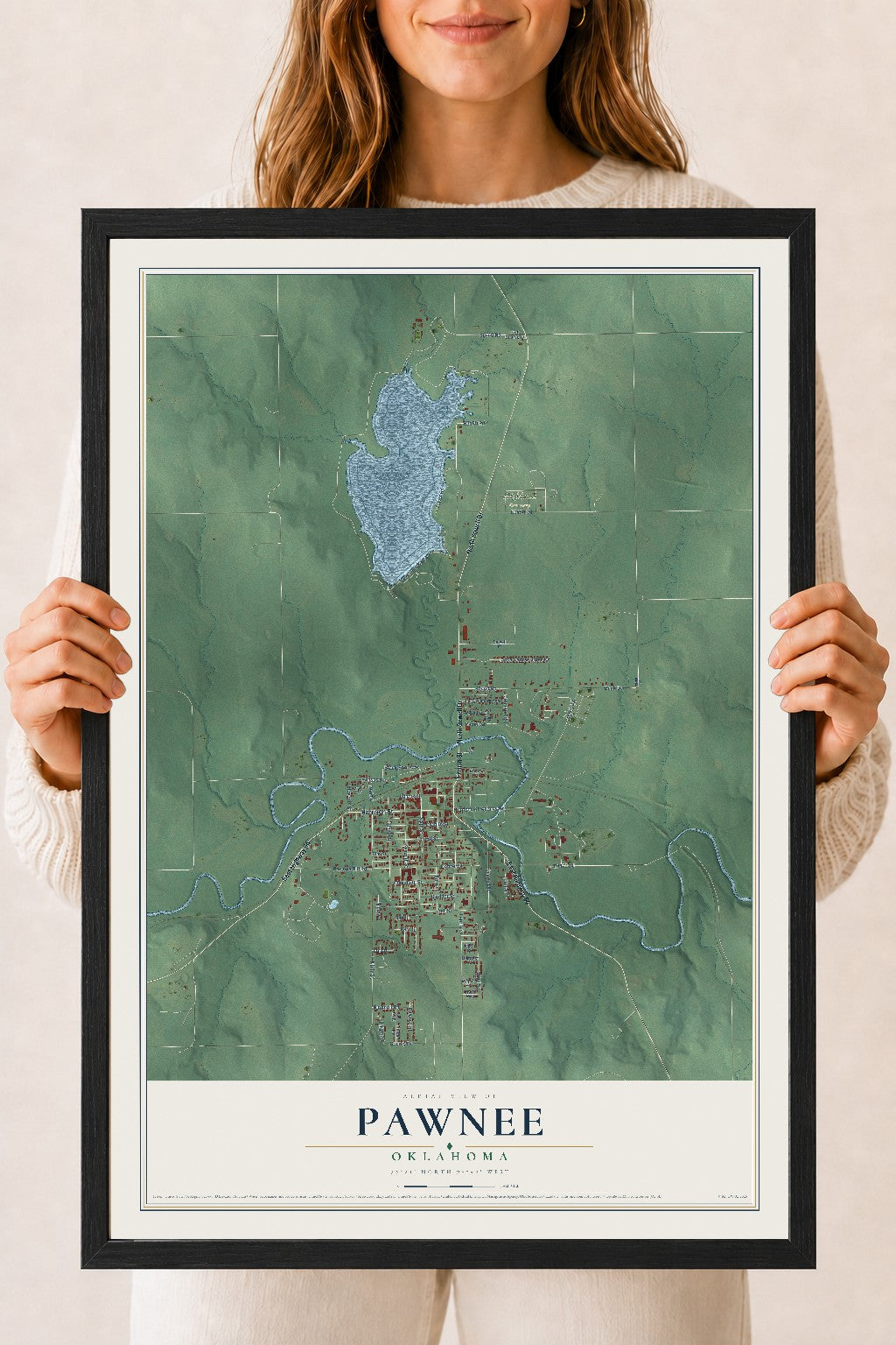 Map of Pawnee, Oklahoma, 18 x 24 inch print in a black wood frame