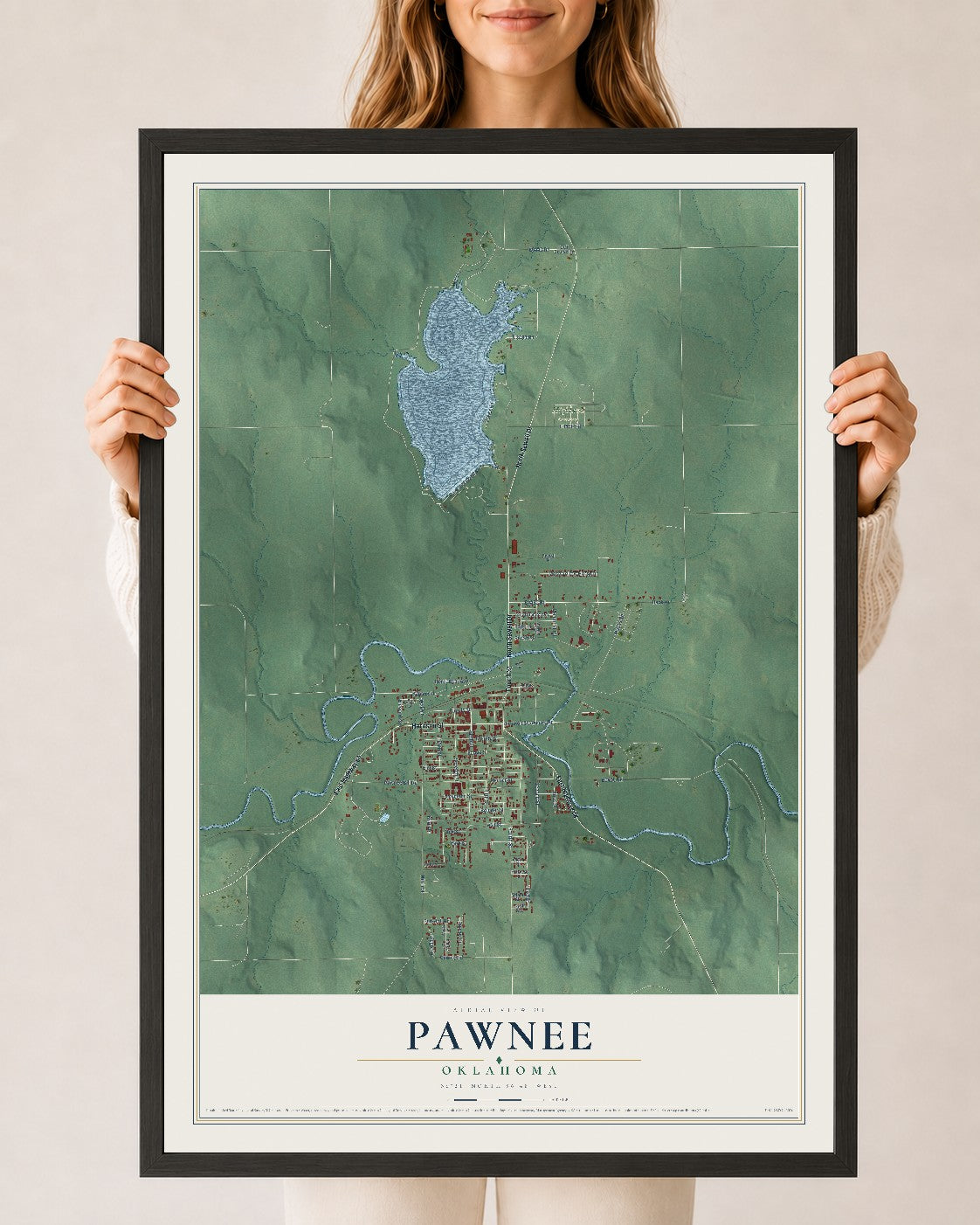 Map of Pawnee, Oklahoma, 24 x 36 inch print in a black wood frame
