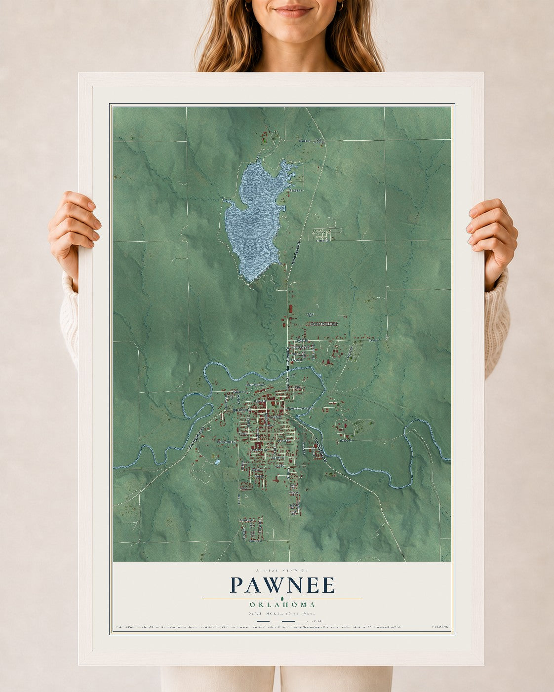 Map of Pawnee, Oklahoma, 24 x 36 inch print in a white wood frame