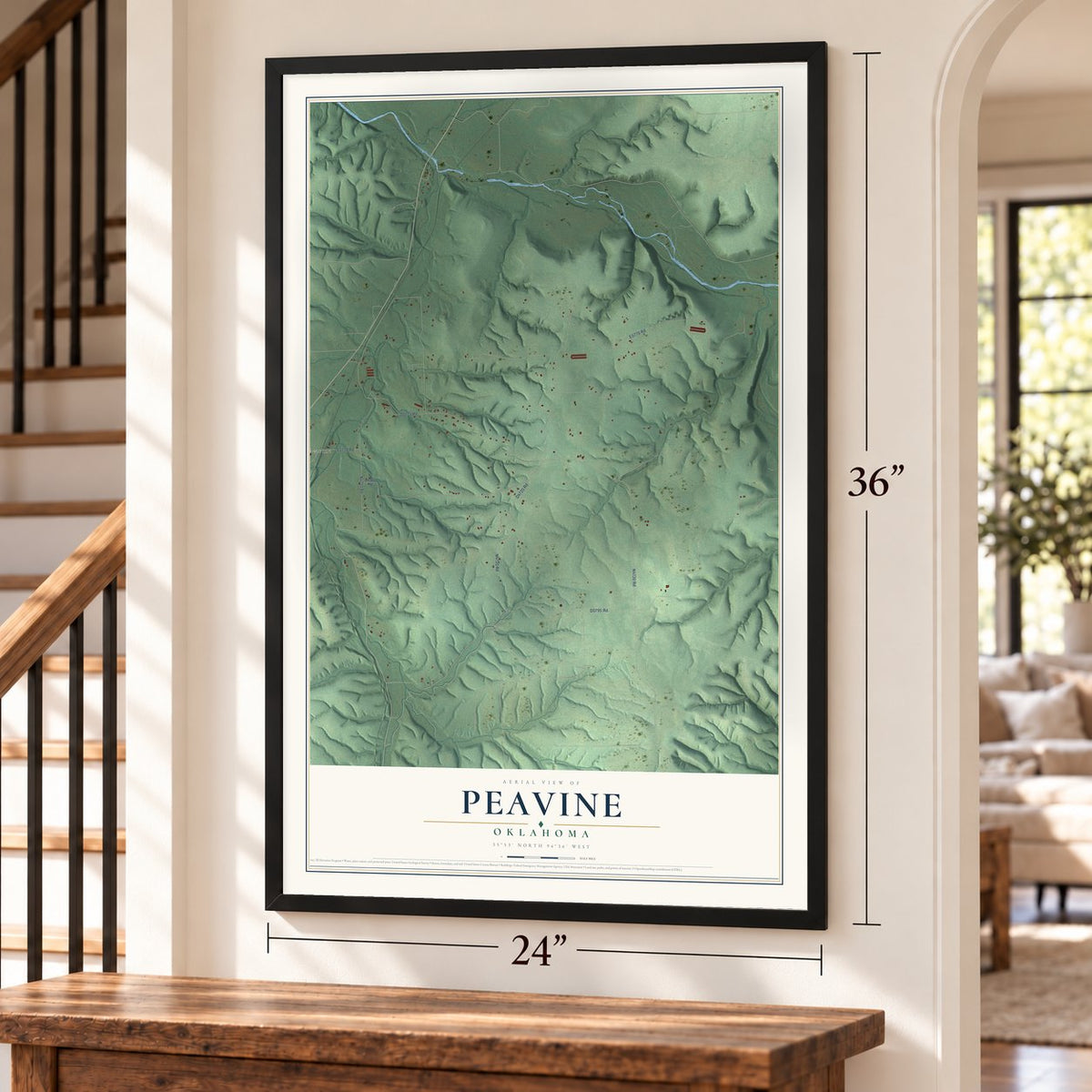 Peavine, Oklahoma map, 24 x 36 inch print in a black frame by a staircase