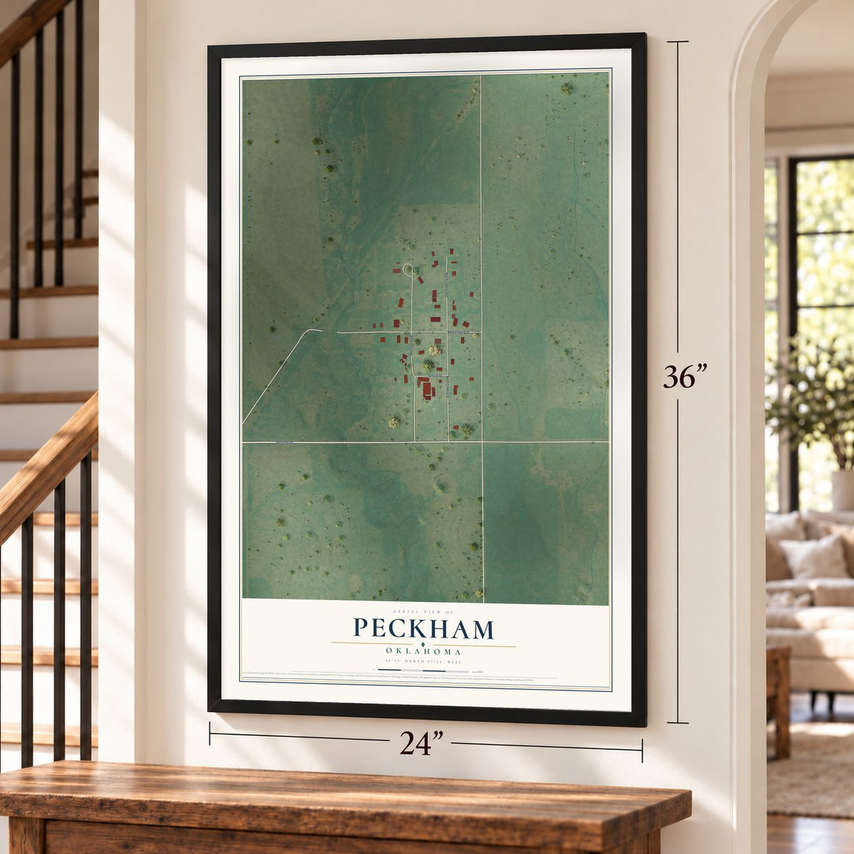Peckham, Oklahoma map, 24 x 36 inch print in a black frame by a staircase